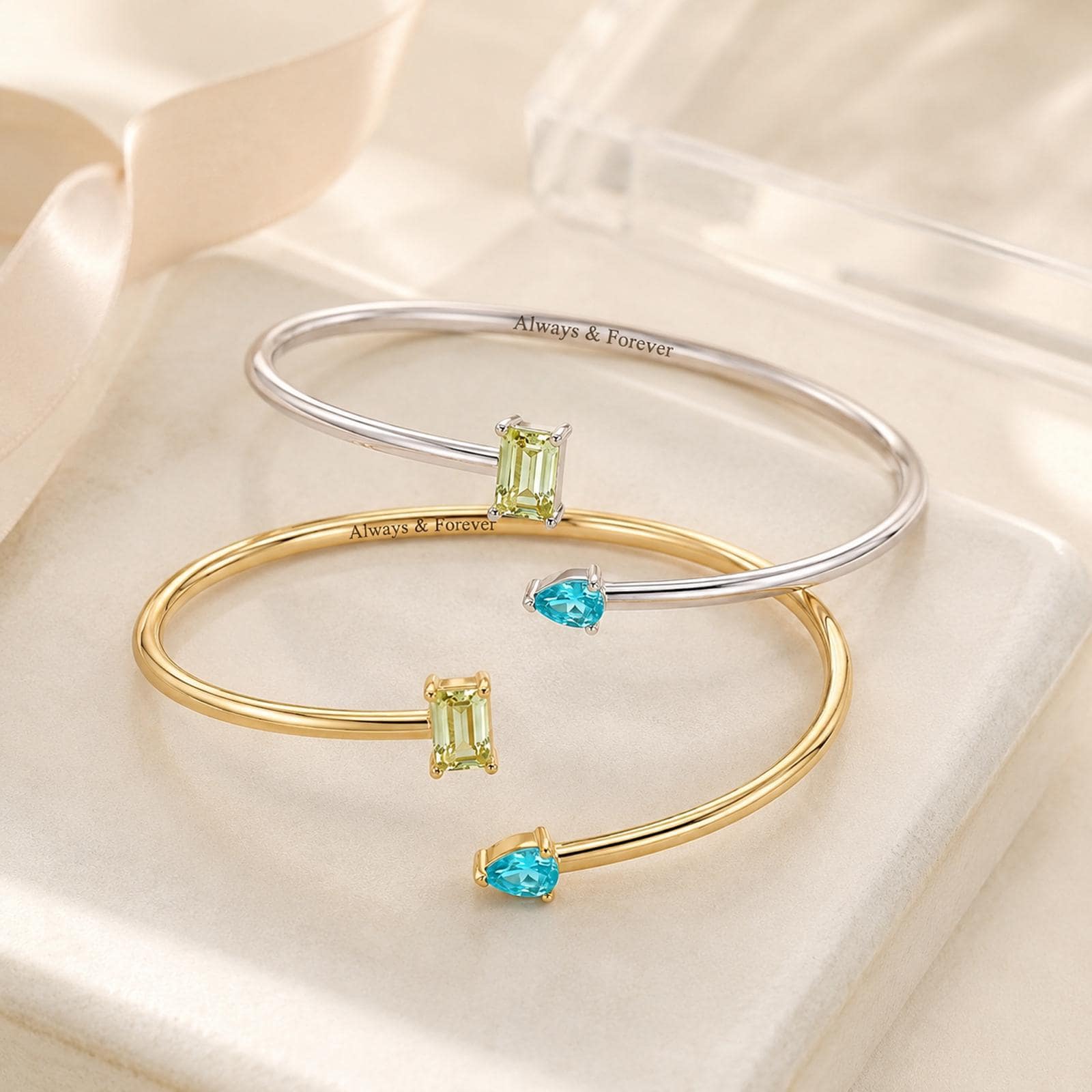 Personalized Double Birthstone Cuff Bangle with Inside Engraving