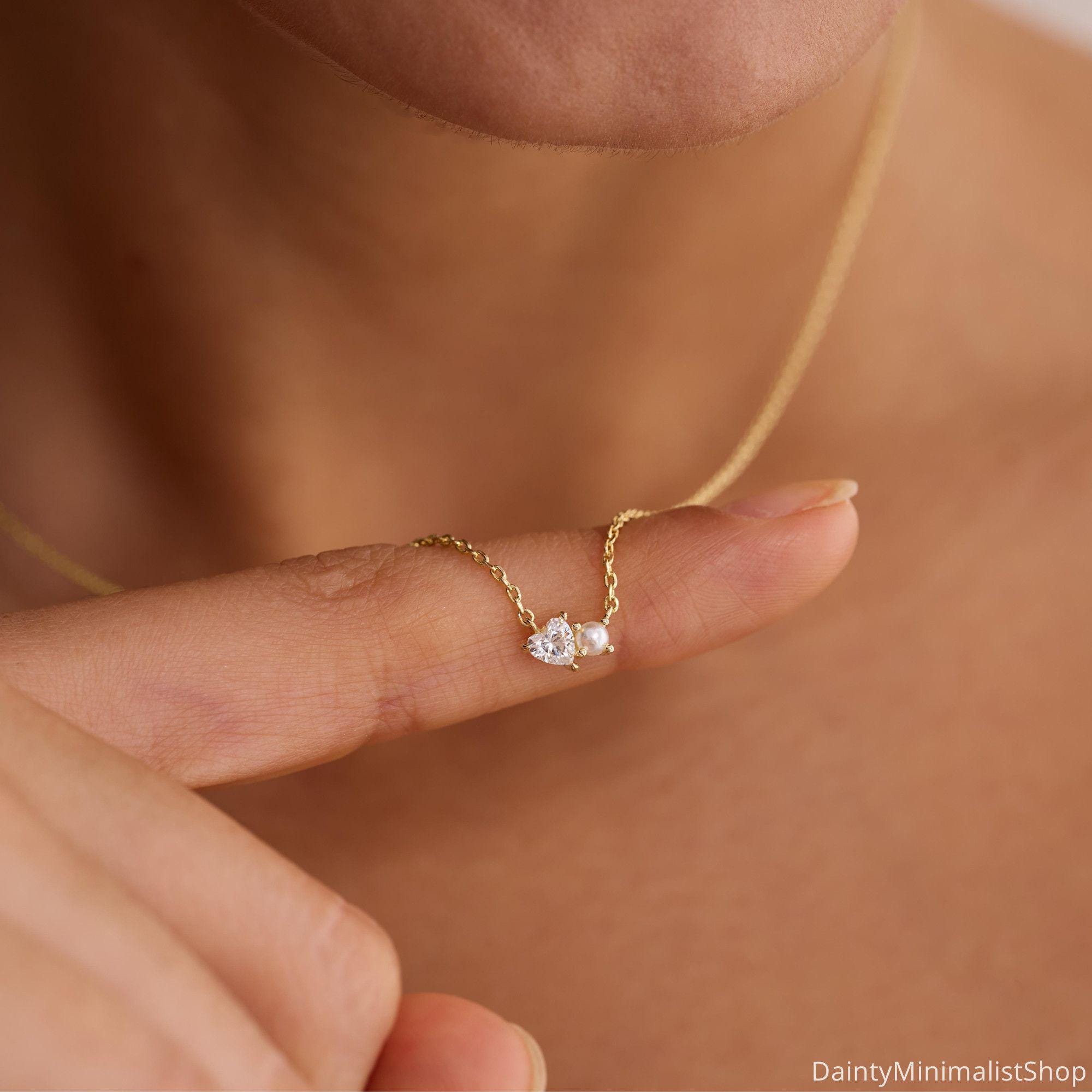 Dainty Pearl Necklace with Heart CZ Diamond in 14K Gold Plated Copper