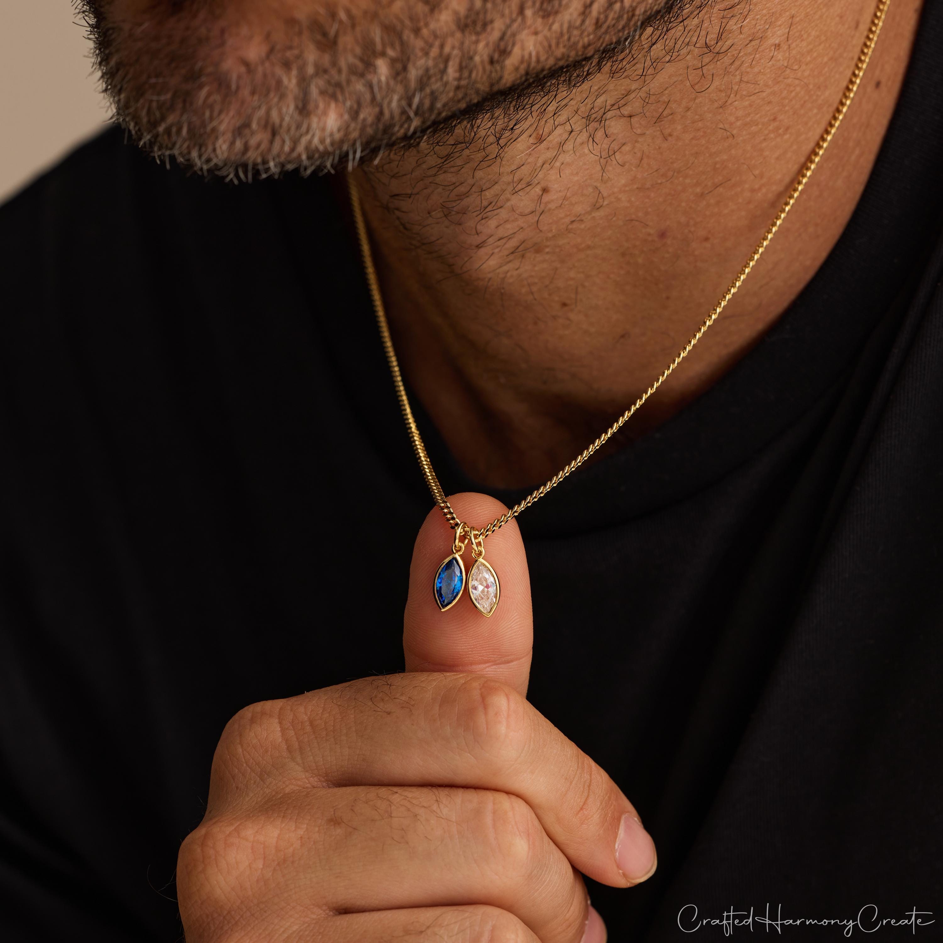Custom Birthstone Necklace for Him with Leaf Pendant and Cubic Zirconia
