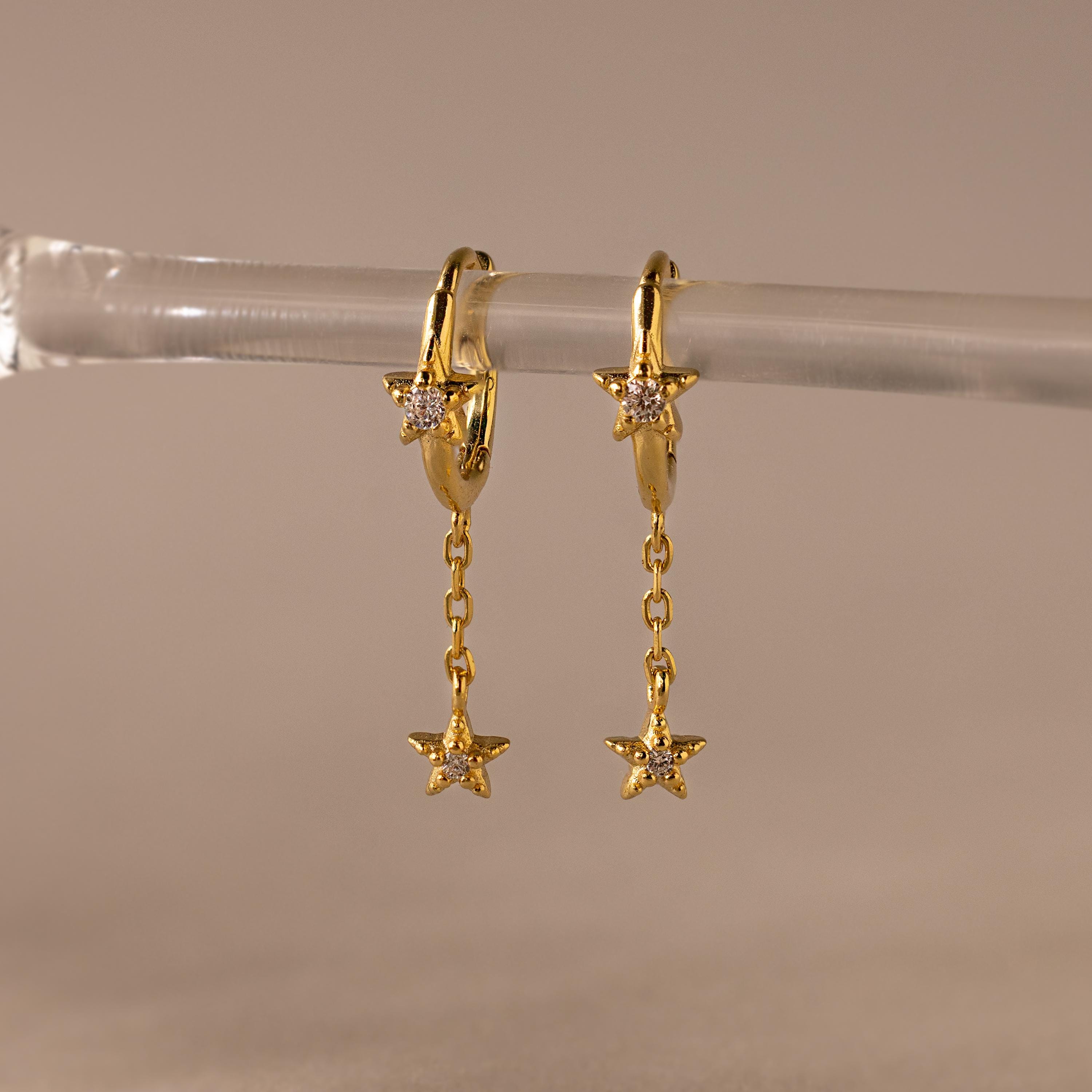 Star Drop Chain Huggie Earrings in 18K Gold Over Brass