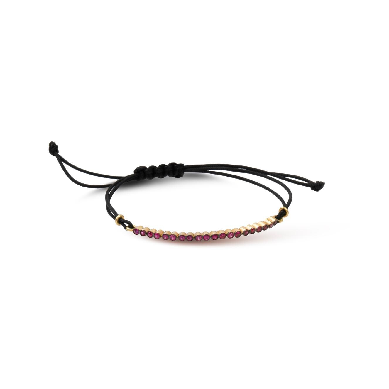 Handmade 18K Yellow Gold Ruby Bar Bracelet with Black Cord