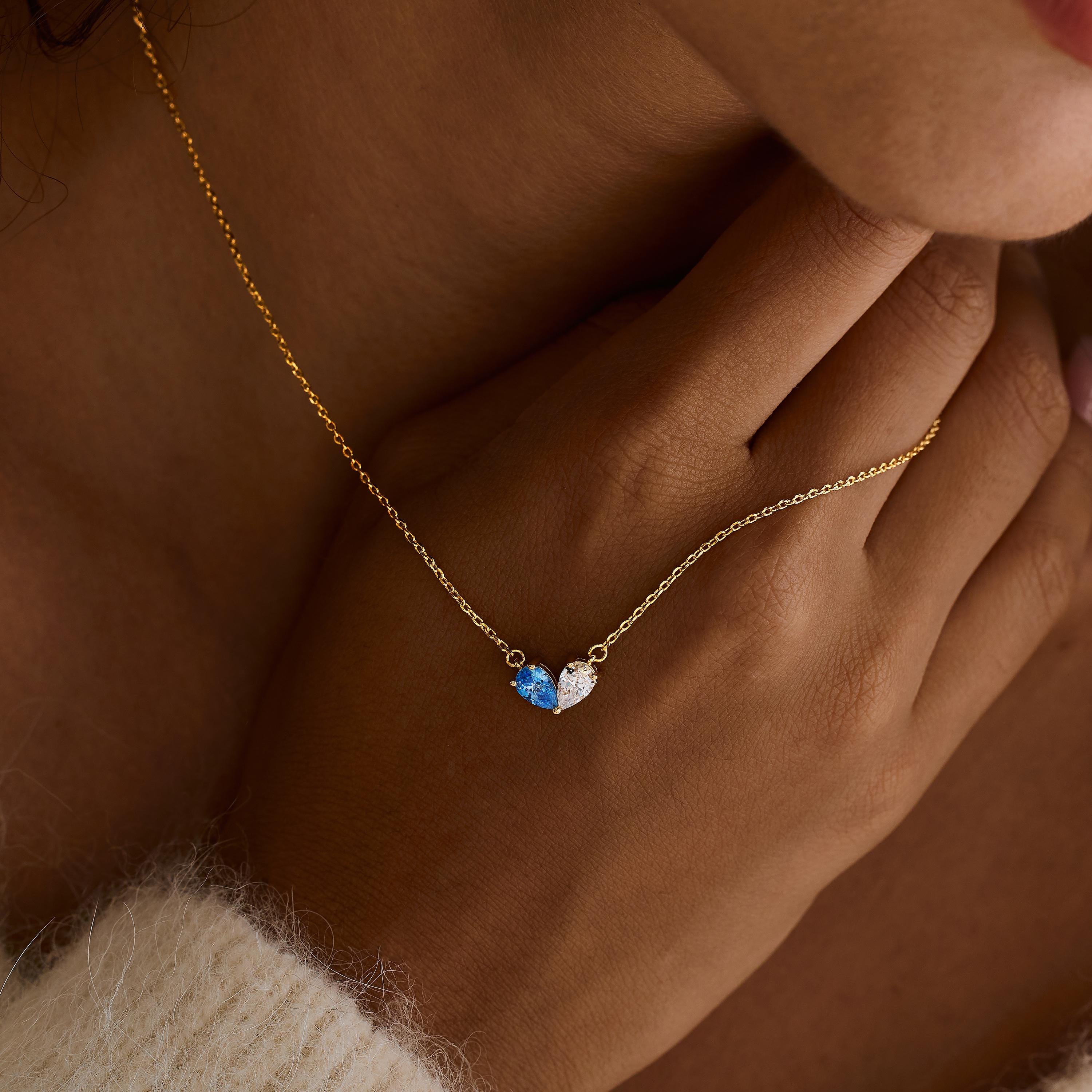 14K Gold Plated Couple Heart Birthstone Necklace with Two Teardrop Stones
