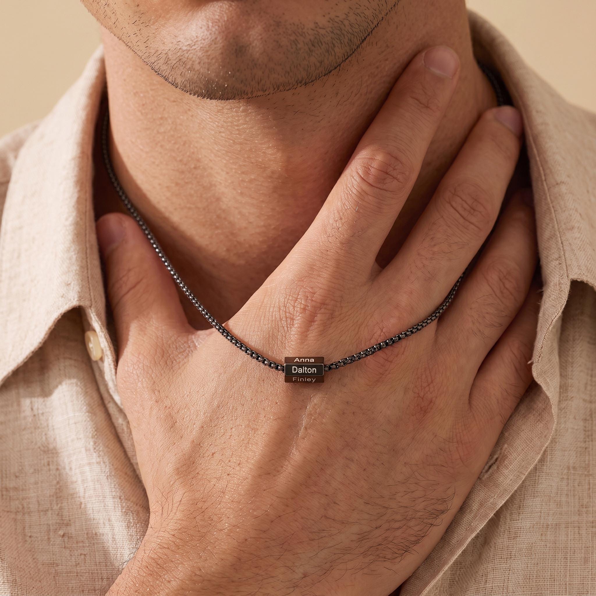 Custom Name Bar Necklace for Men with Copper Pendant and Engraved Names