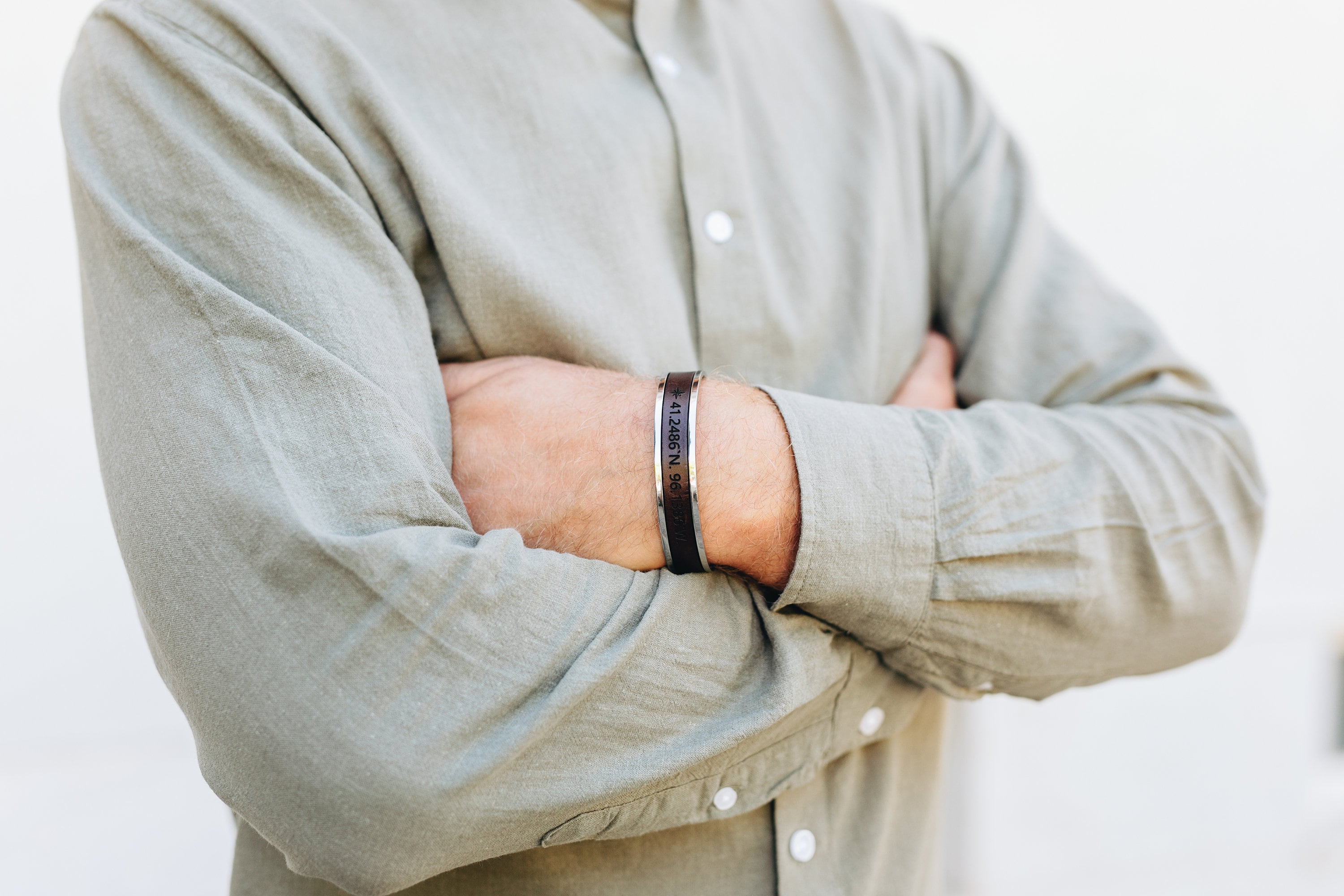Custom Engraved Leather and Stainless Steel Couple Bracelet Set of 2