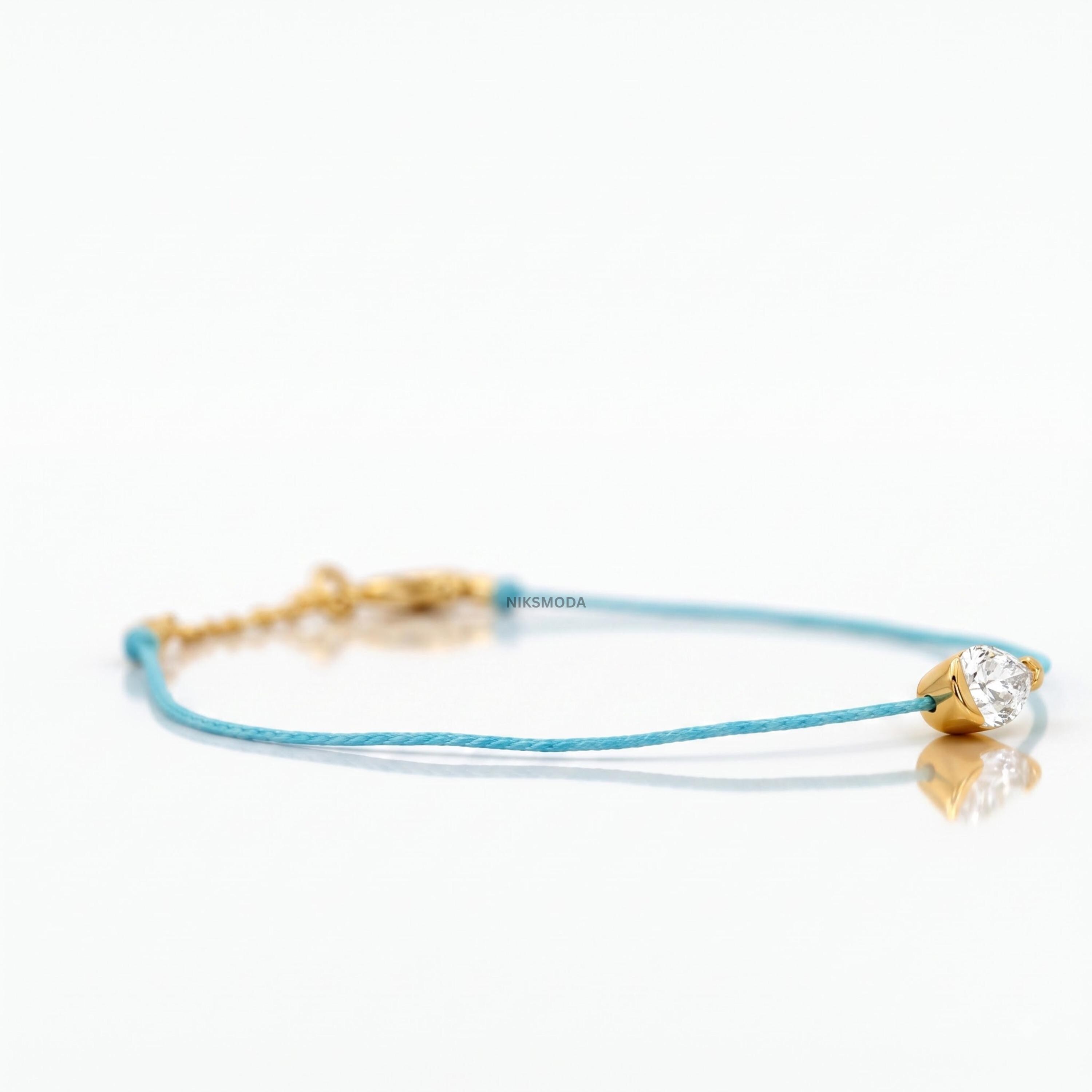 Pear Cut Lab Grown Diamond Bracelet in 925 Sterling Silver with Light Blue Cord