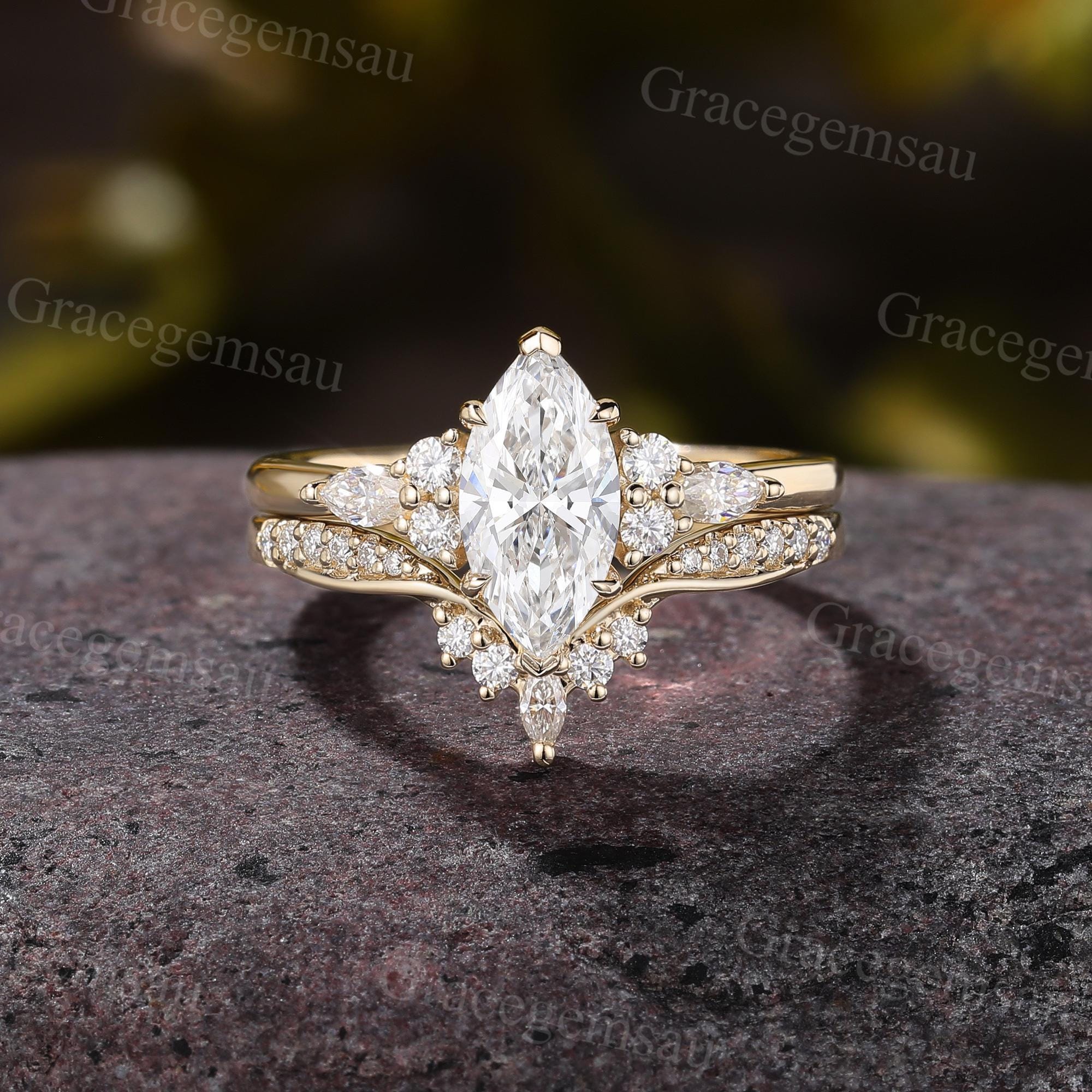 Marquise Lab Grown Diamond Bridal Set, Cluster Prong Filigree