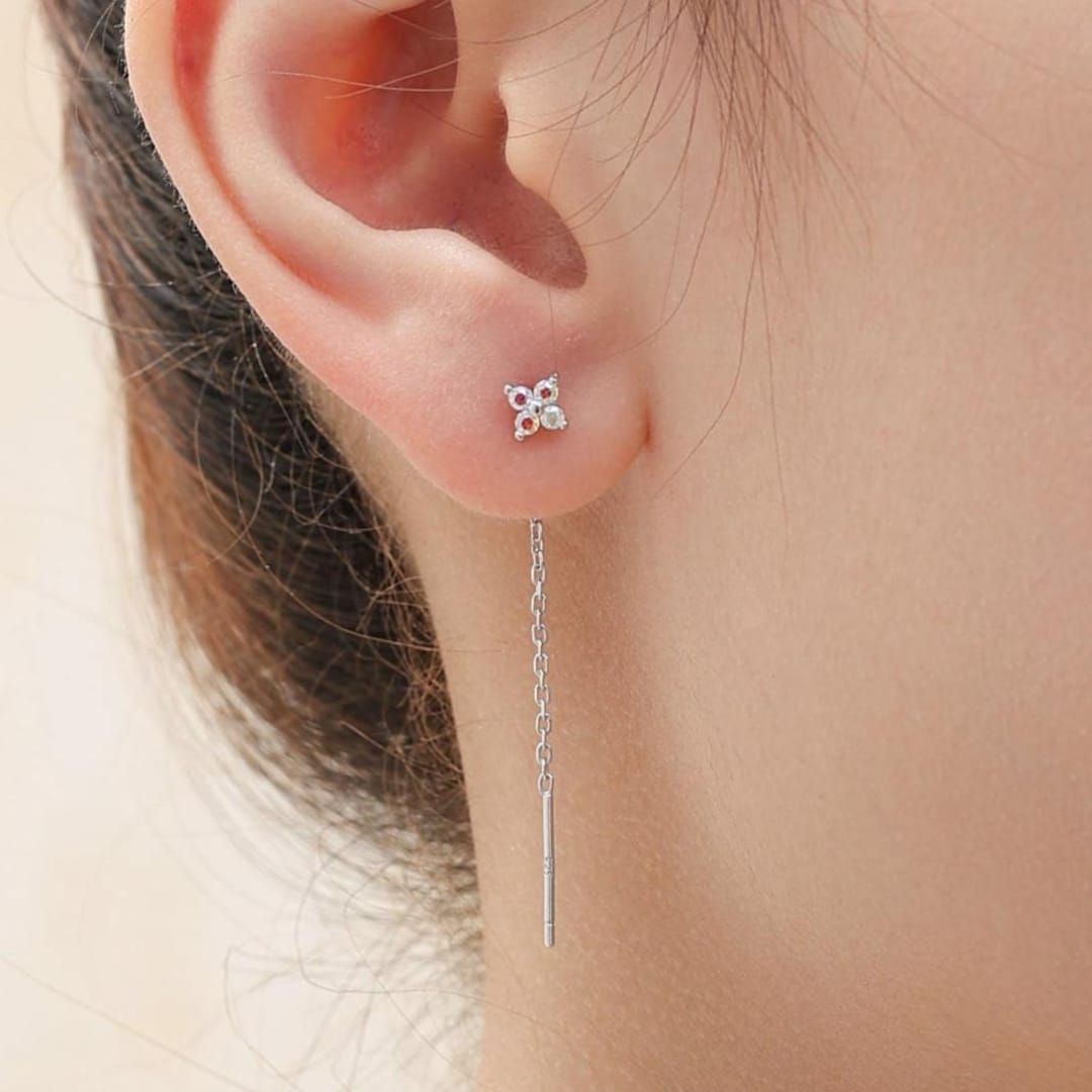 Aurora Borealis Four CZ Flower Threader Earrings in Sterling Silver