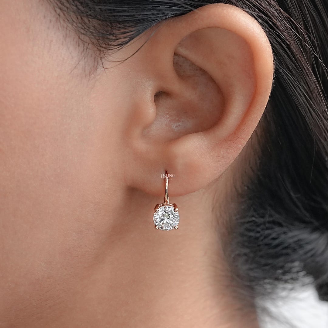 Round Cut Lab Diamond Drop Earrings in 14K Yellow Gold with Lever Backs