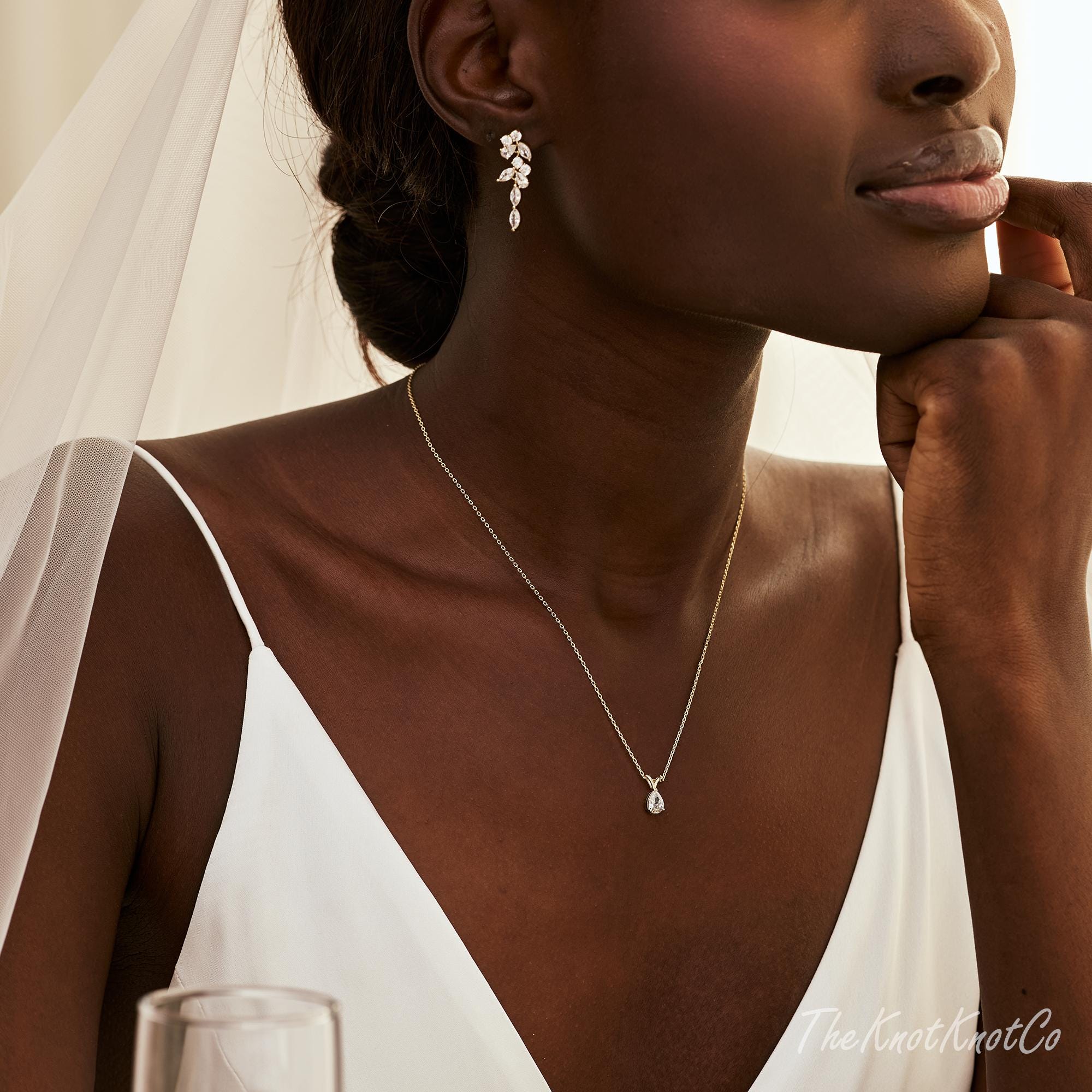 18K Gold Plated Teardrop Cubic Zirconia Necklace and Earring Set