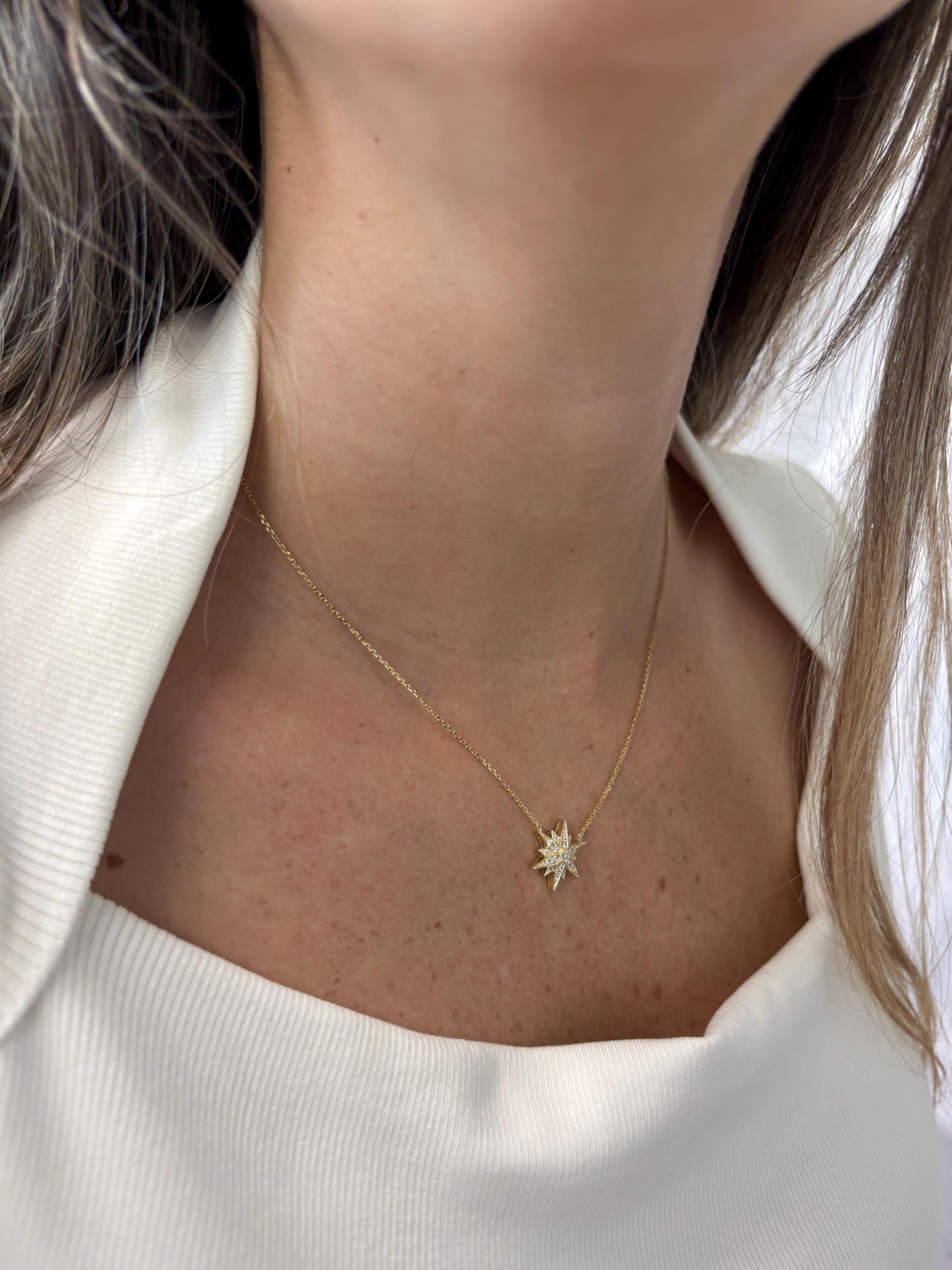 14K Solid Gold Starburst Diamond Pendant Necklace