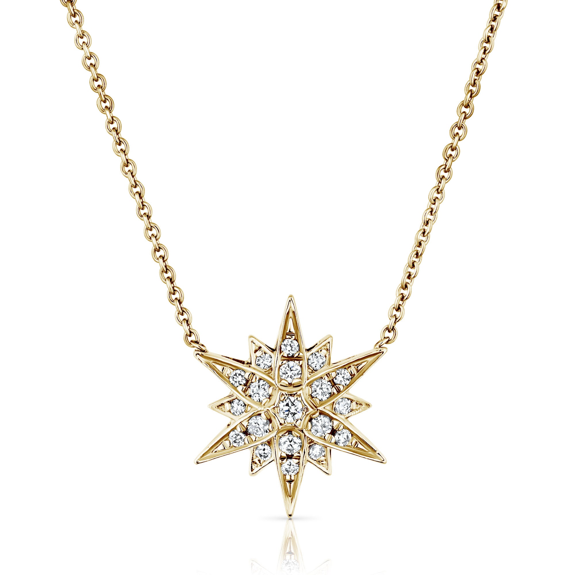 14K Solid Gold Starburst Diamond Pendant Necklace