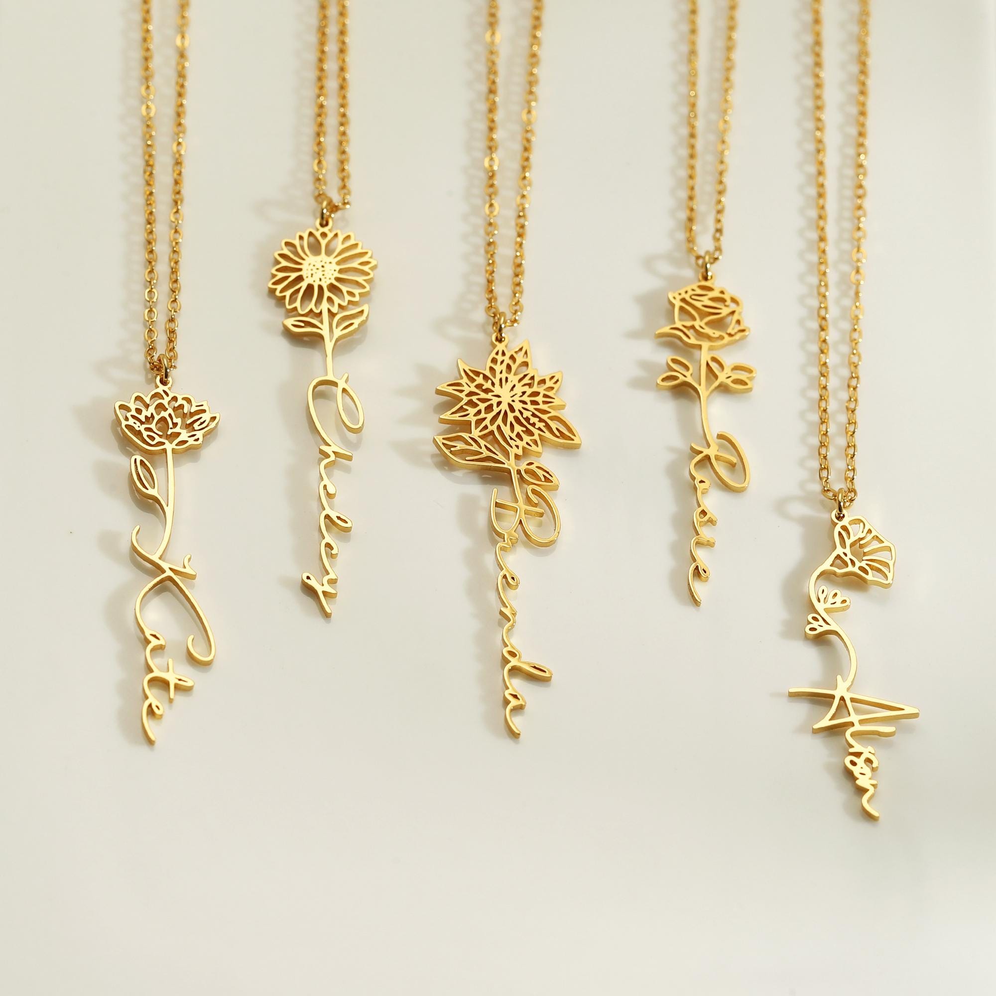 Personalized Name Necklace with Birth Flower Charm