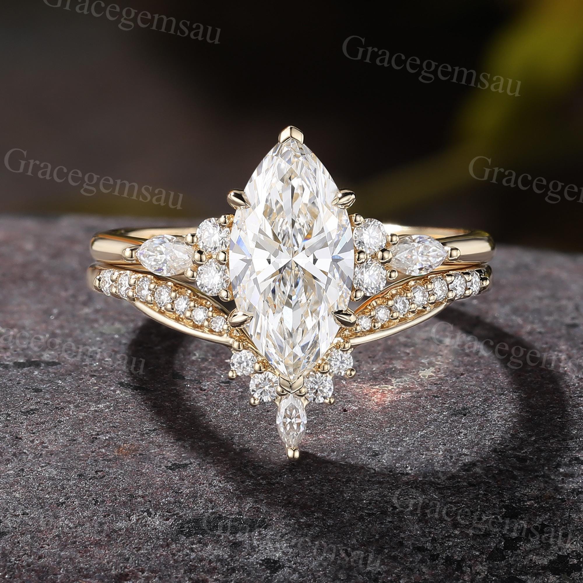 Marquise Lab Grown Diamond Bridal Set, Cluster Prong Filigree