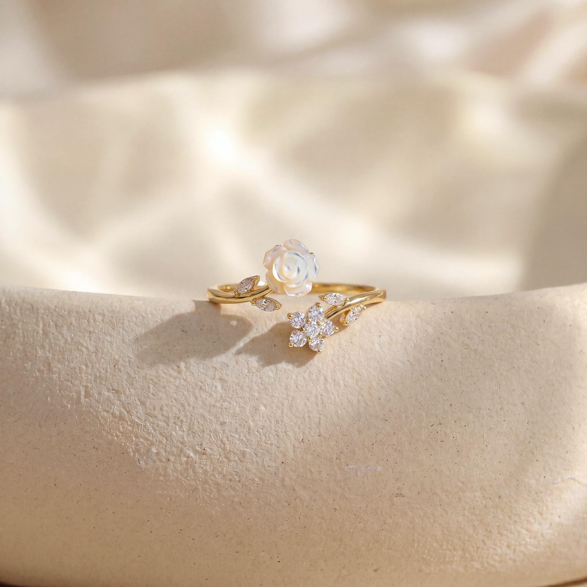Gold Plated Camellia Flower Ring, Adjustable Open Floral Ring