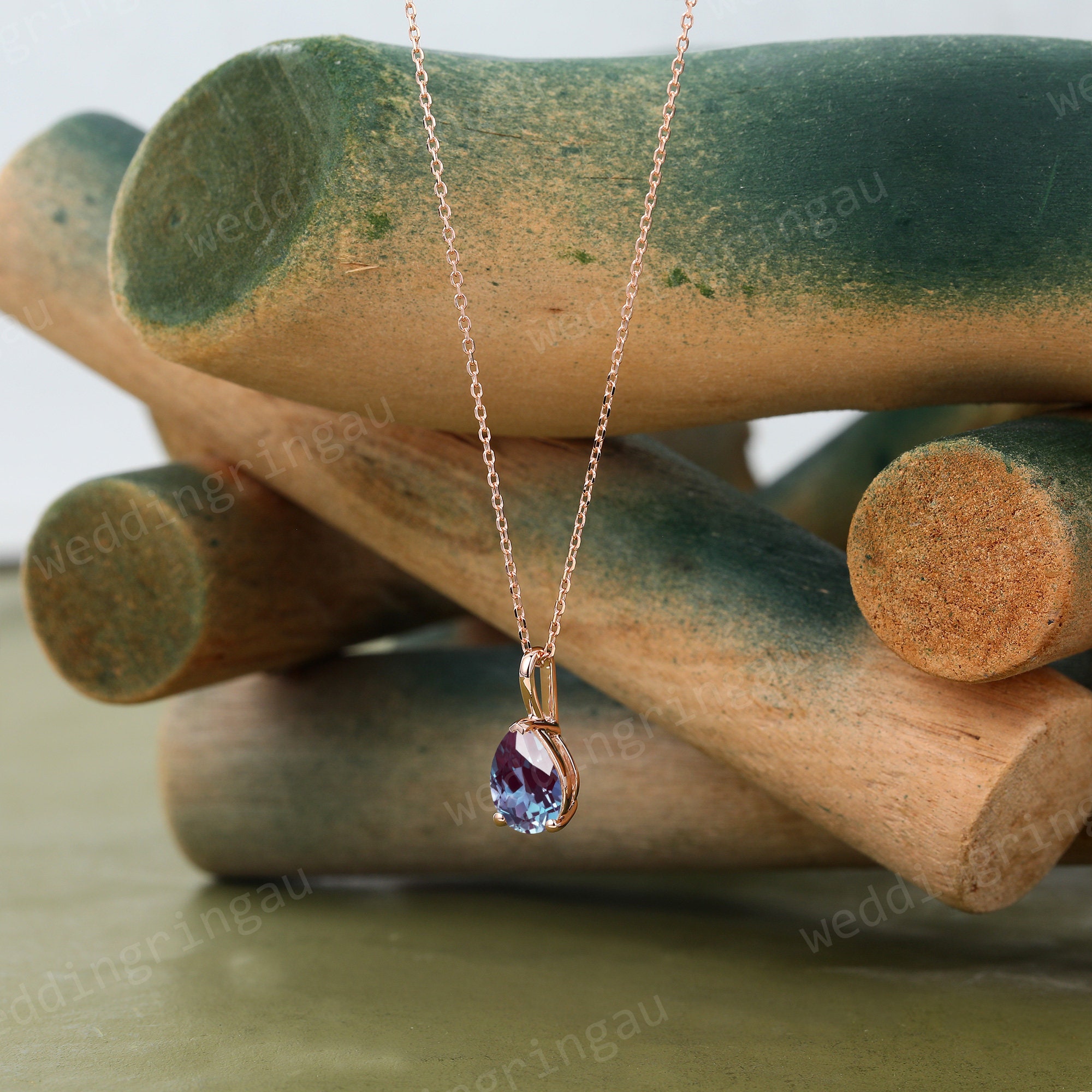 Pear Alexandrite Necklace in Solid Rose Gold, June Birthstone Pendant