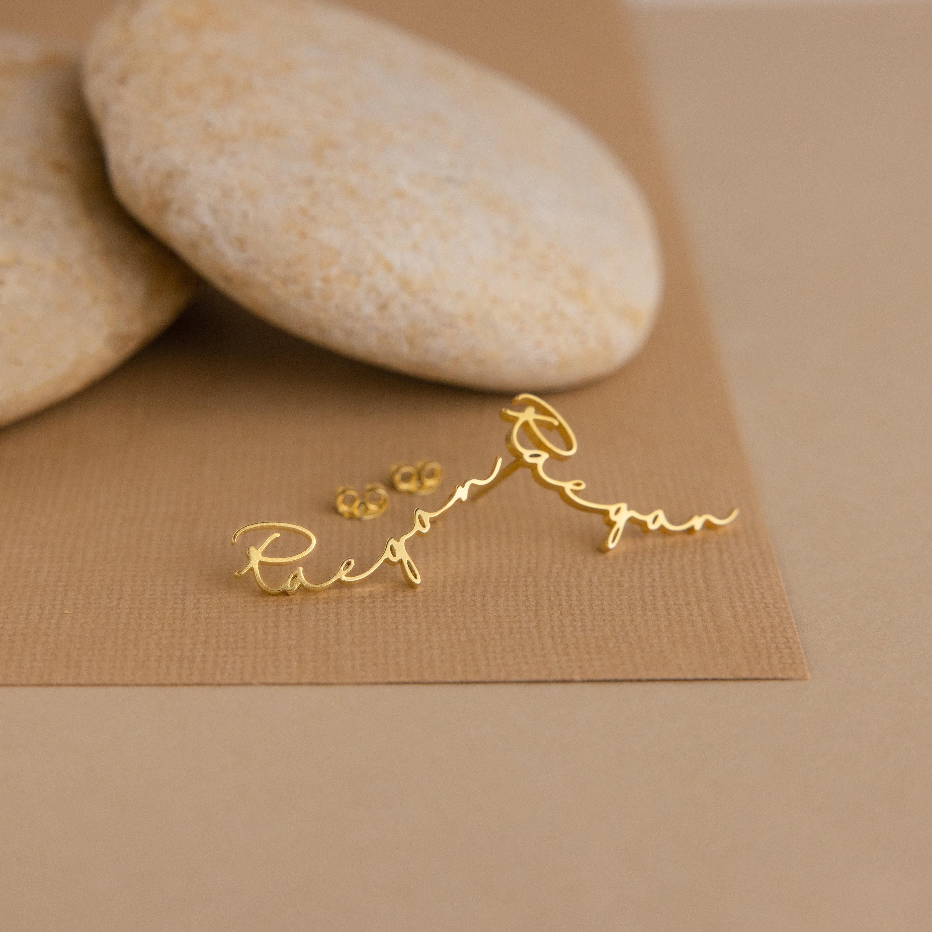 Custom Name Stud Earrings in Sterling Silver and 18K Gold