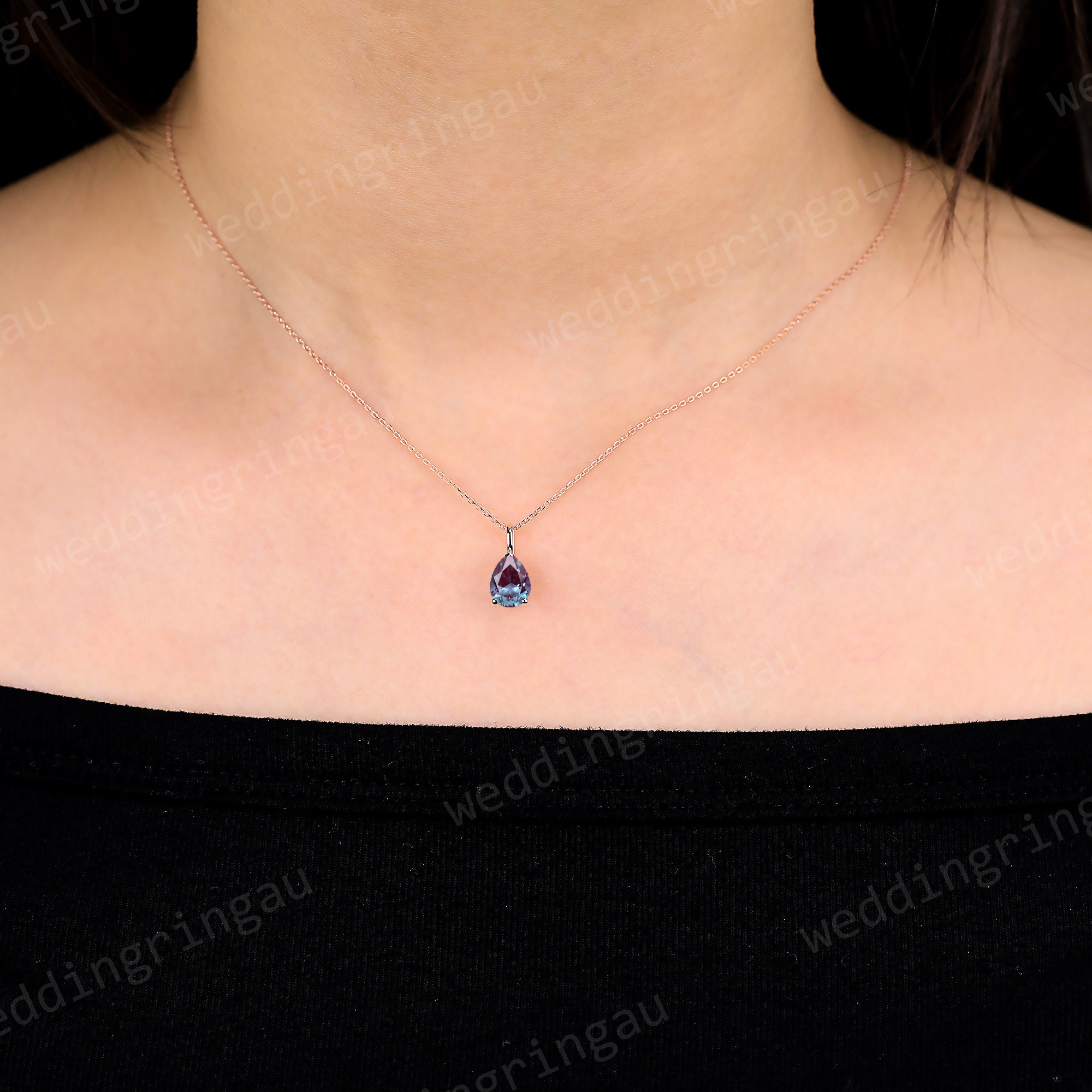 Pear Alexandrite Necklace in Solid Rose Gold, June Birthstone Pendant