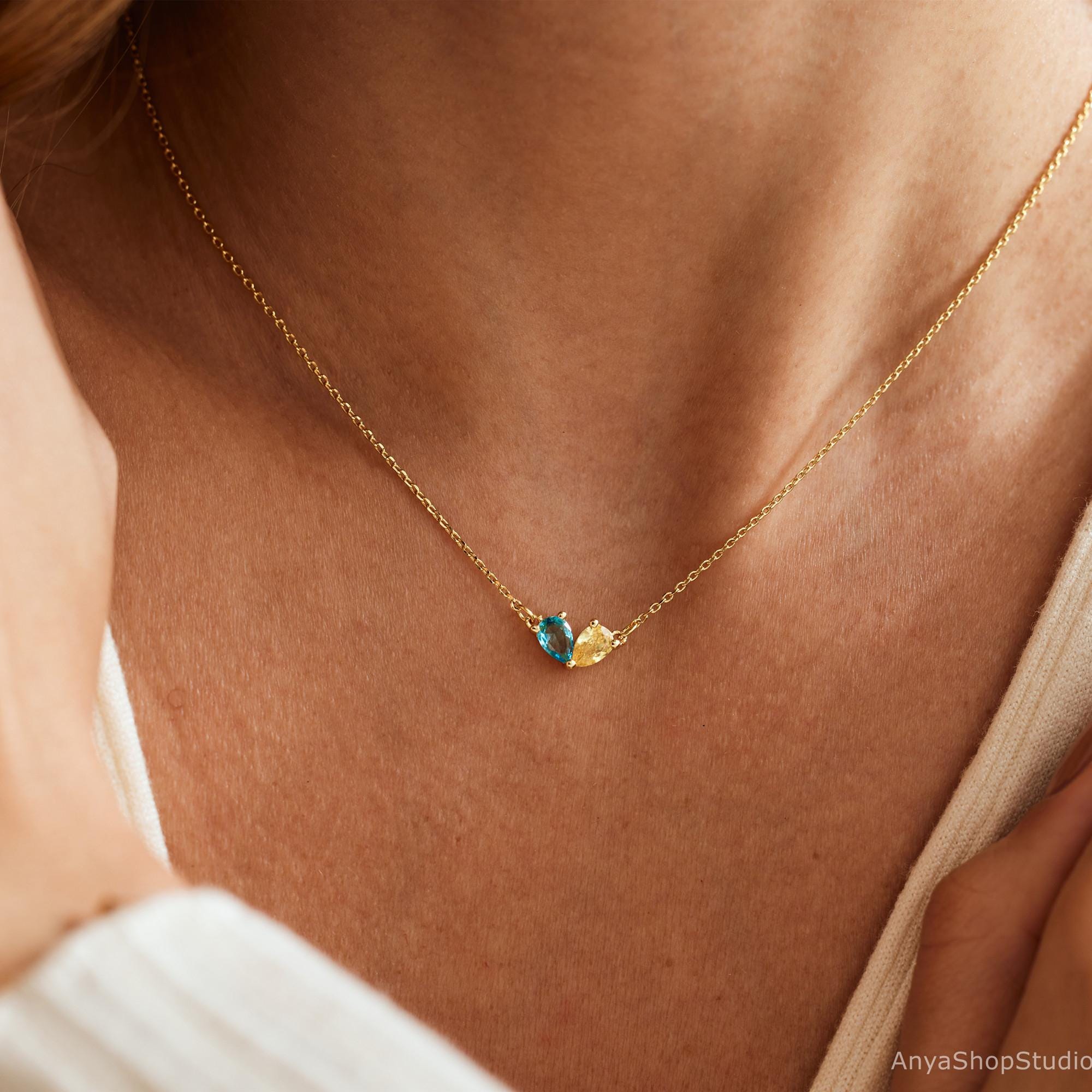 Tiny Heart Two Birthstone Necklace