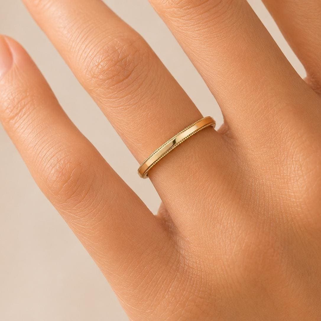 14K Solid Gold 2mm Milgrain Wedding Band