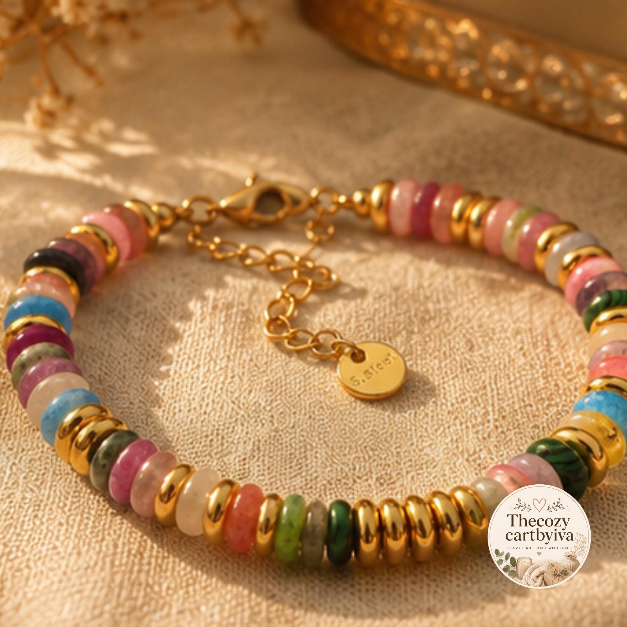 Boho Colorful Gemstone Beaded Bracelet with Gold-Tone Accents