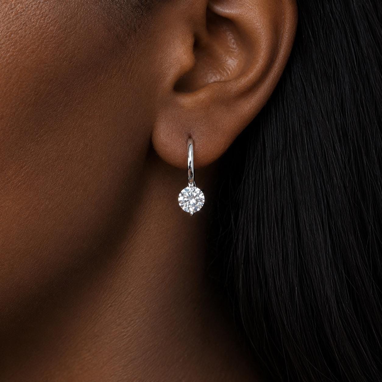 Round Cut Solitaire Drop Huggie Earrings in Gold or Silver