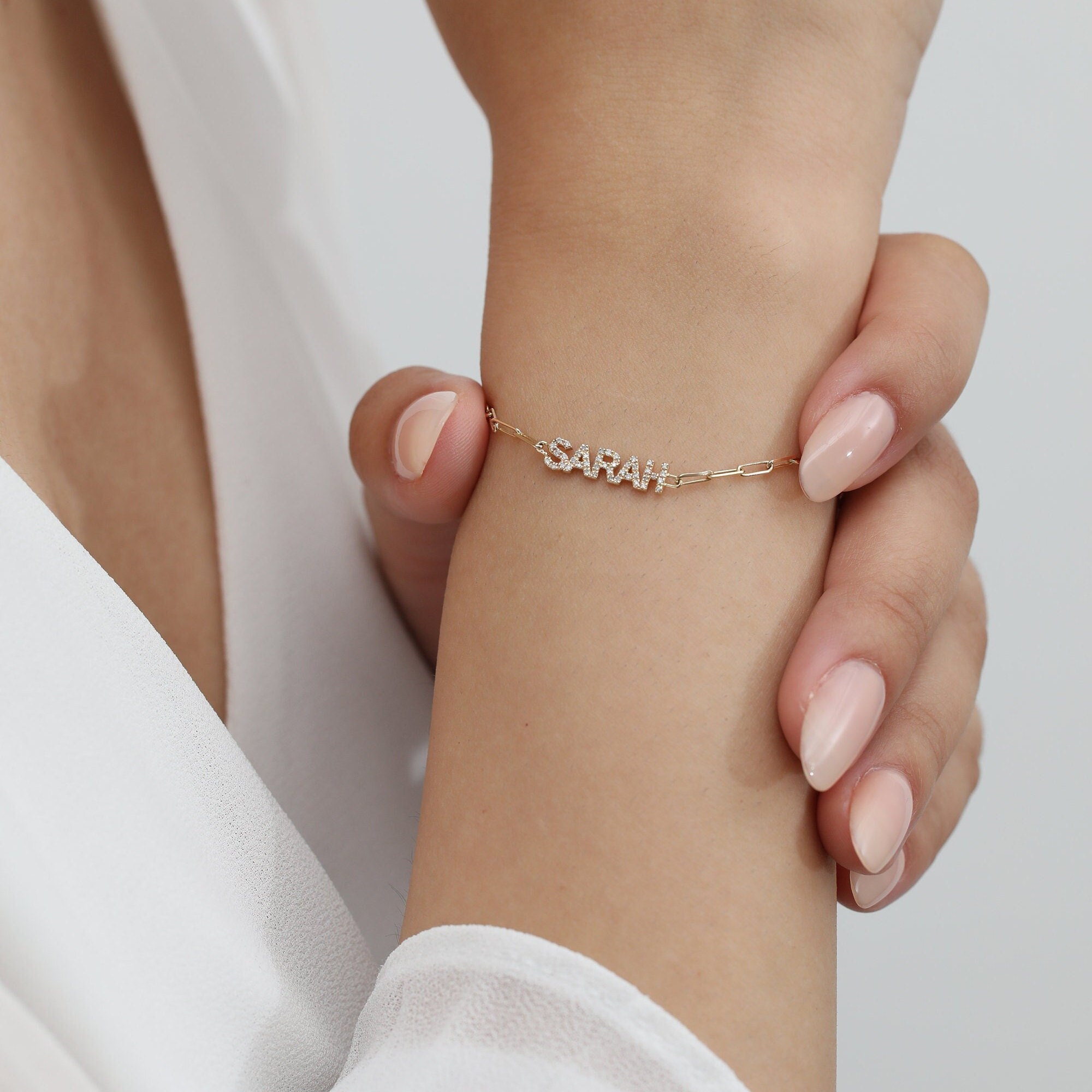 14K Gold Diamond Name Bracelet on a Paperclip Chain