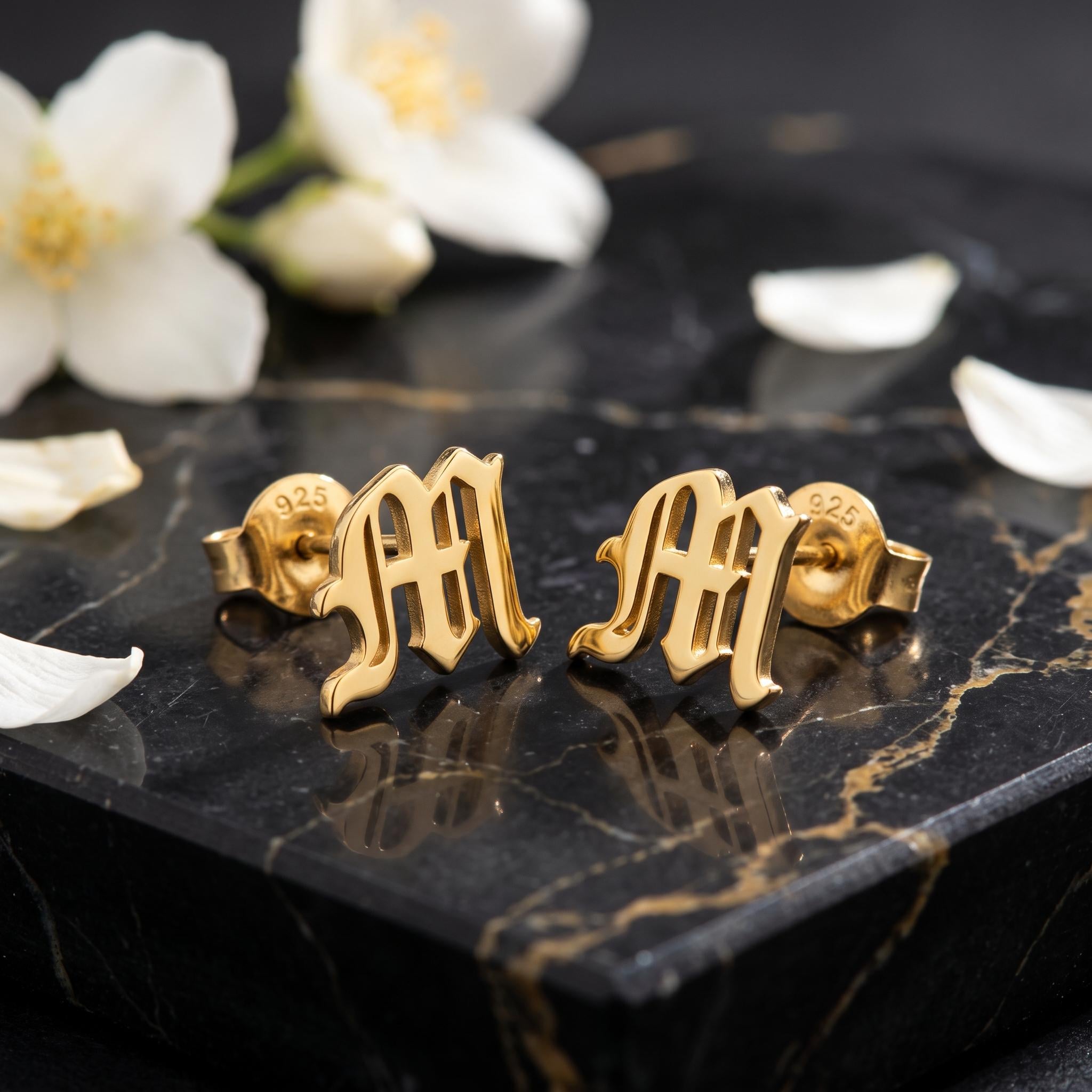 Custom Initial Stud Earring in Solid Gold with Old English Lettering
