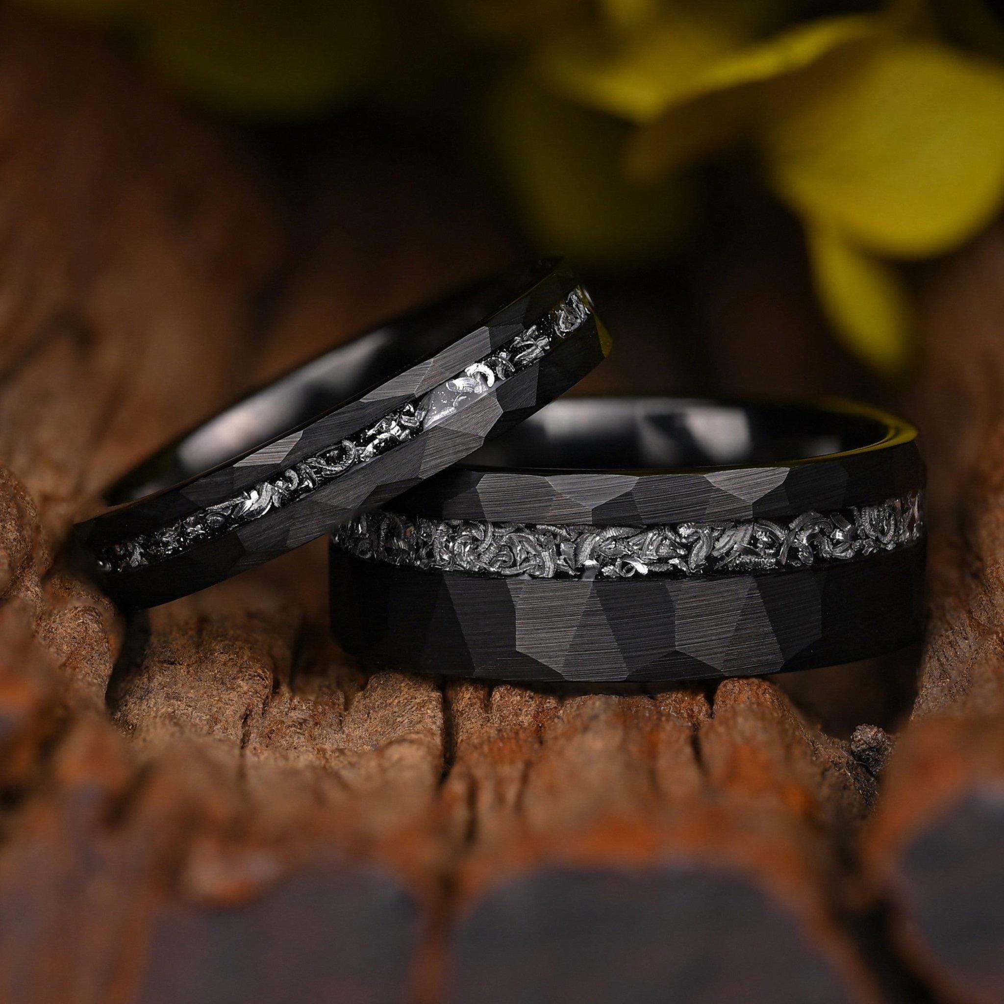 Hammered Meteorite Tungsten Couple Ring Set, 8mm and 4mm