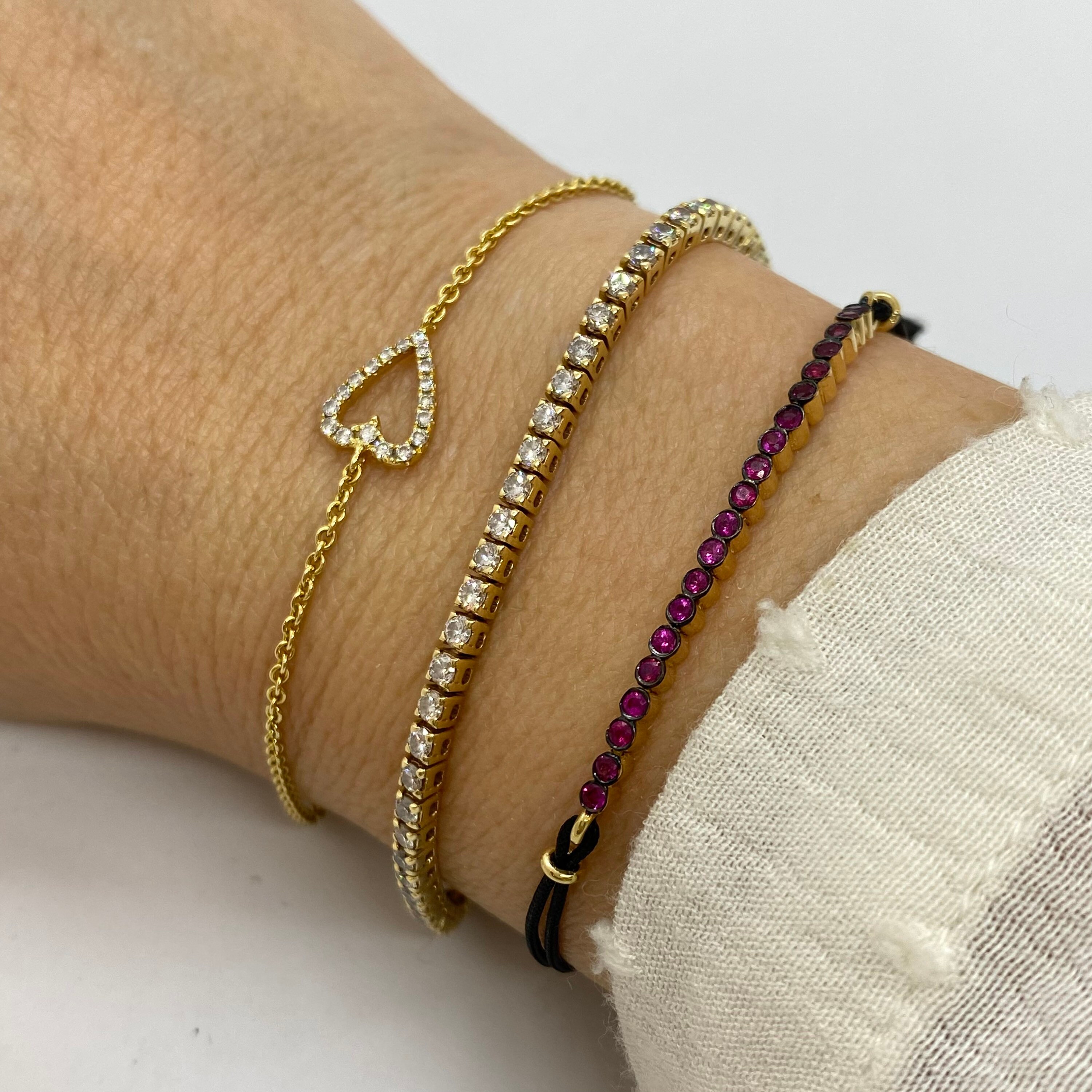 Handmade 18K Yellow Gold Ruby Bar Bracelet with Black Cord