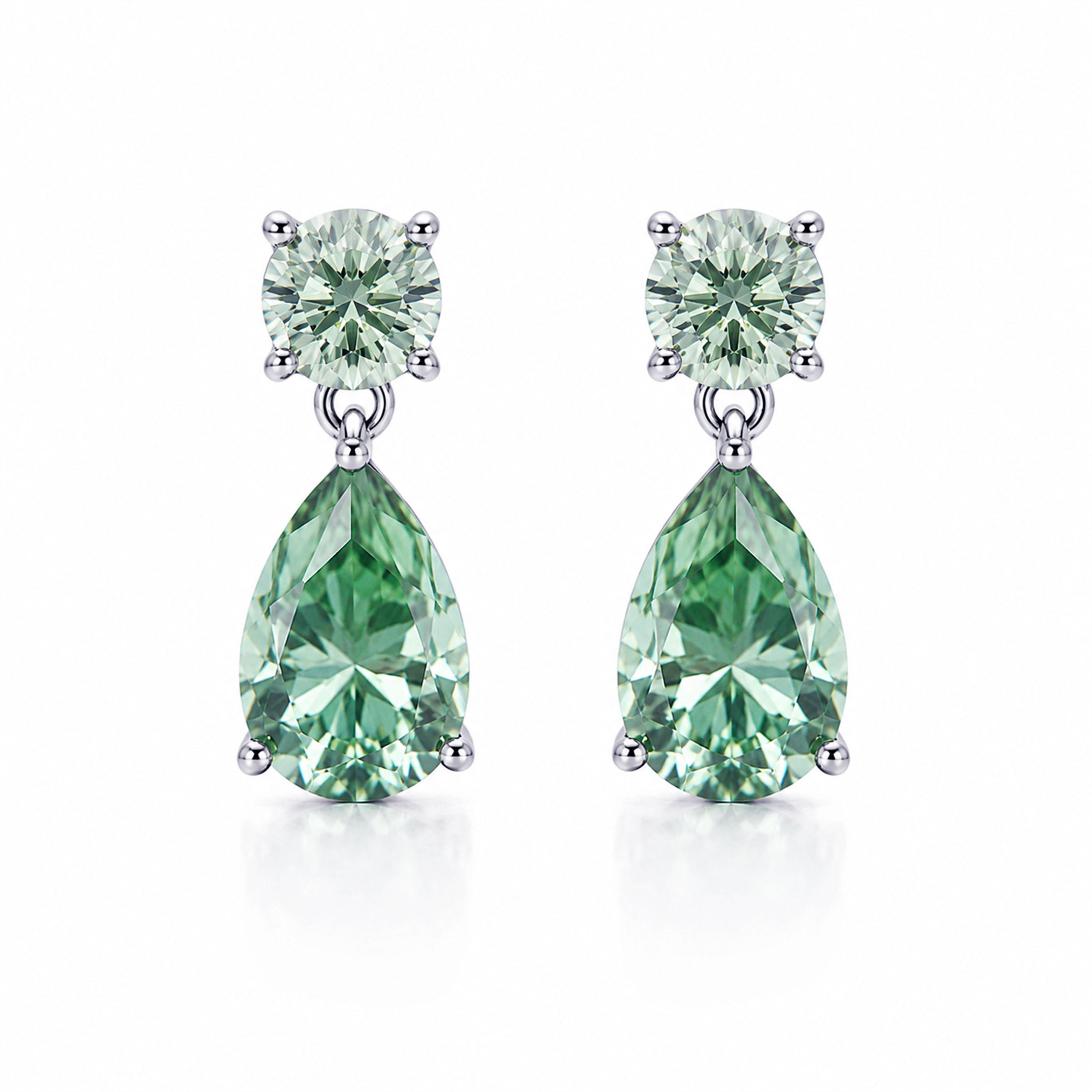 Certified Moissanite Double Drop Earrings with a Round Stud and Pear Drop