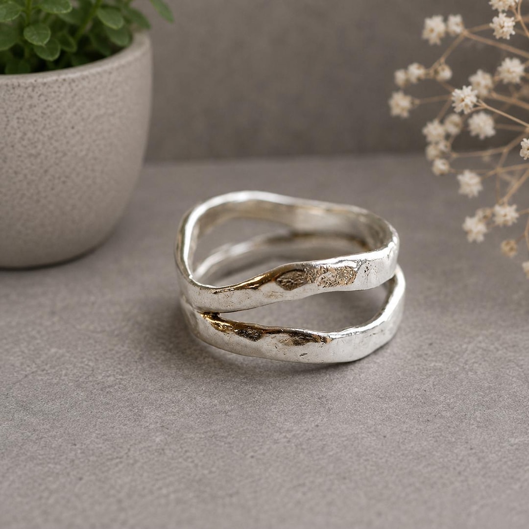 925 Sterling Silver Double Layer Wave Ring, Adjustable Open Band