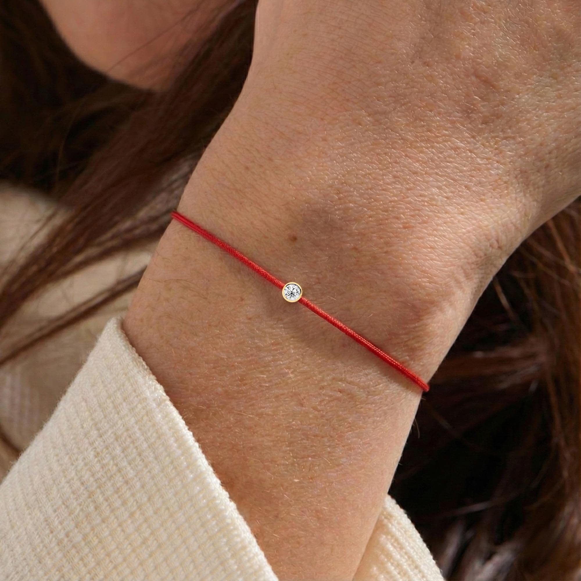 14K Solid Gold Friendship Bracelet with Natural White Diamond on Silk Cord