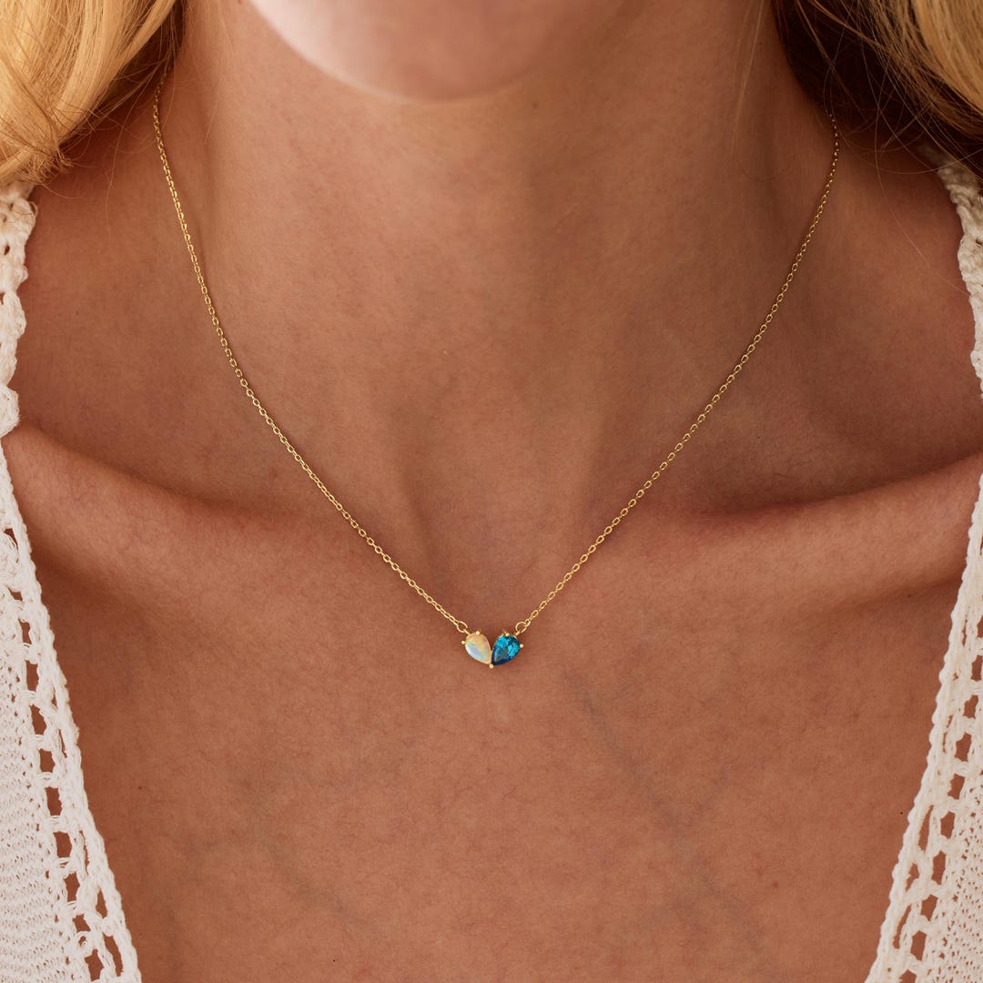 14K Gold Plated Couple Heart Birthstone Necklace with Two Teardrop Stones