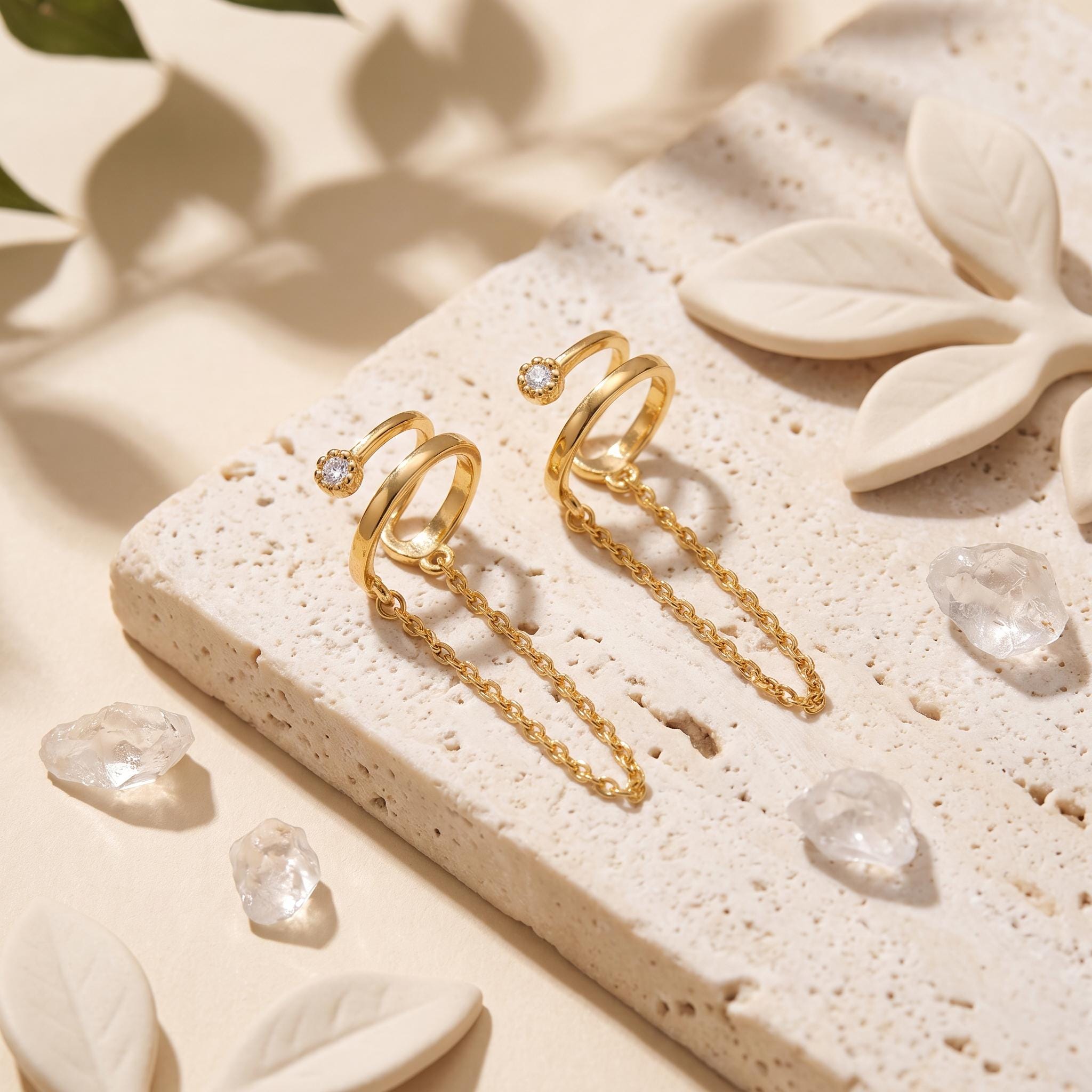 18K Gold Filled CZ Double Wrap Chain Ear Cuffs for Non Pierced Ears