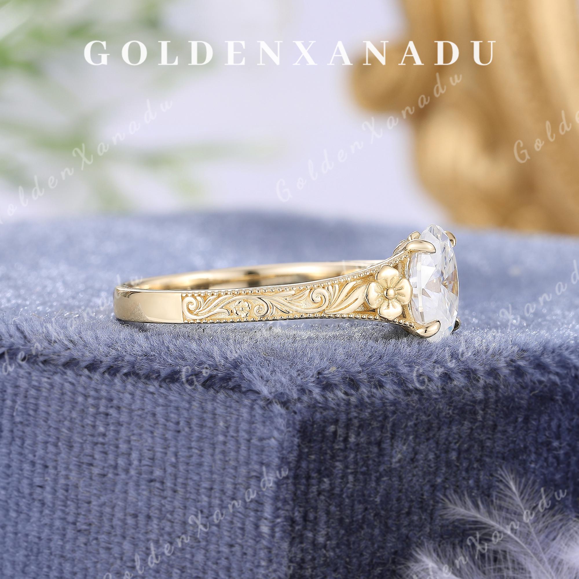 Vintage Floral Moissanite Engagement Ring, Oval Cut