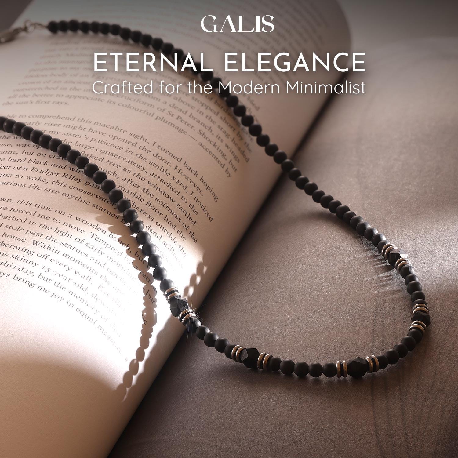 Black Onyx and Stainless Steel Beaded Necklace for Men