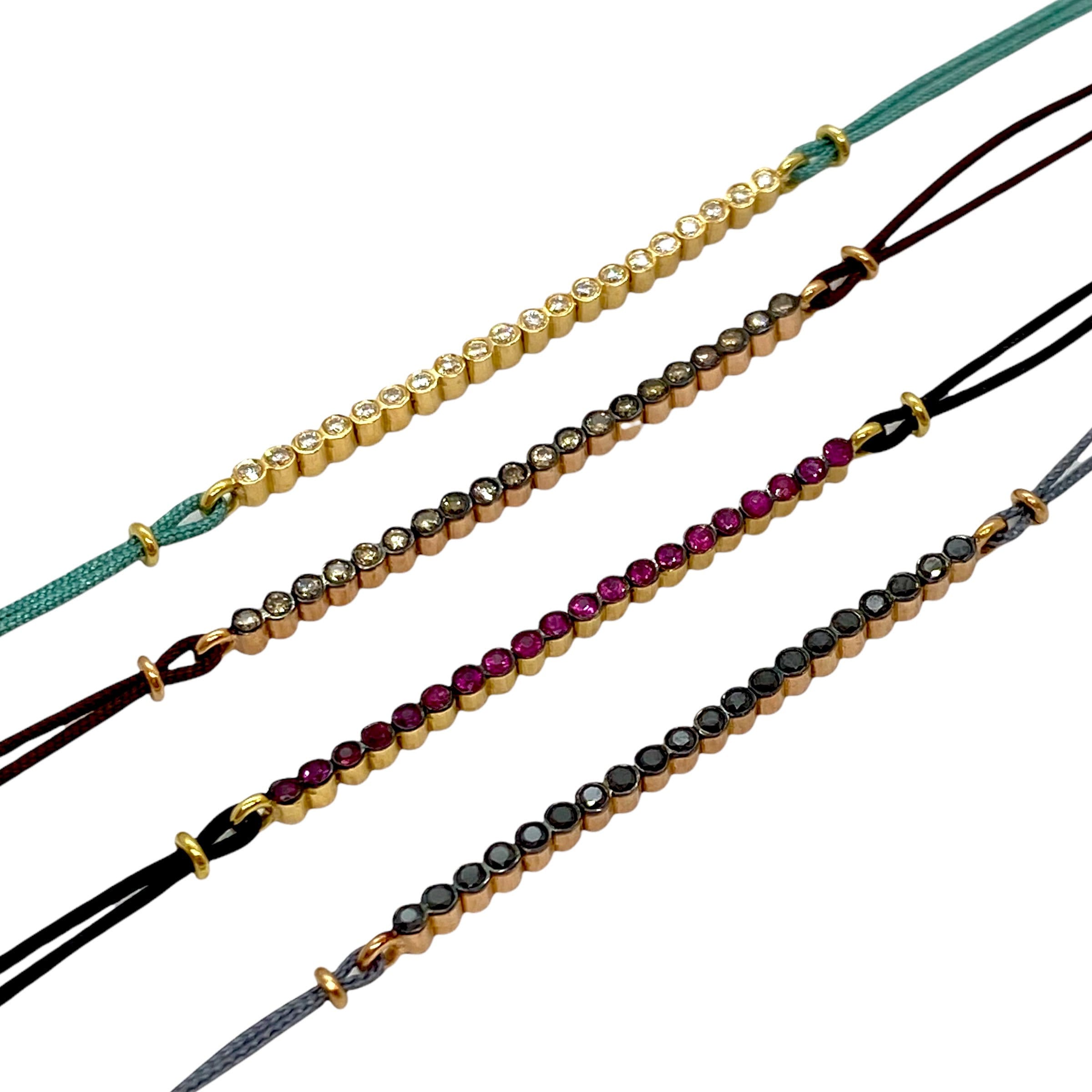 Handmade 18K Yellow Gold Ruby Bar Bracelet with Black Cord