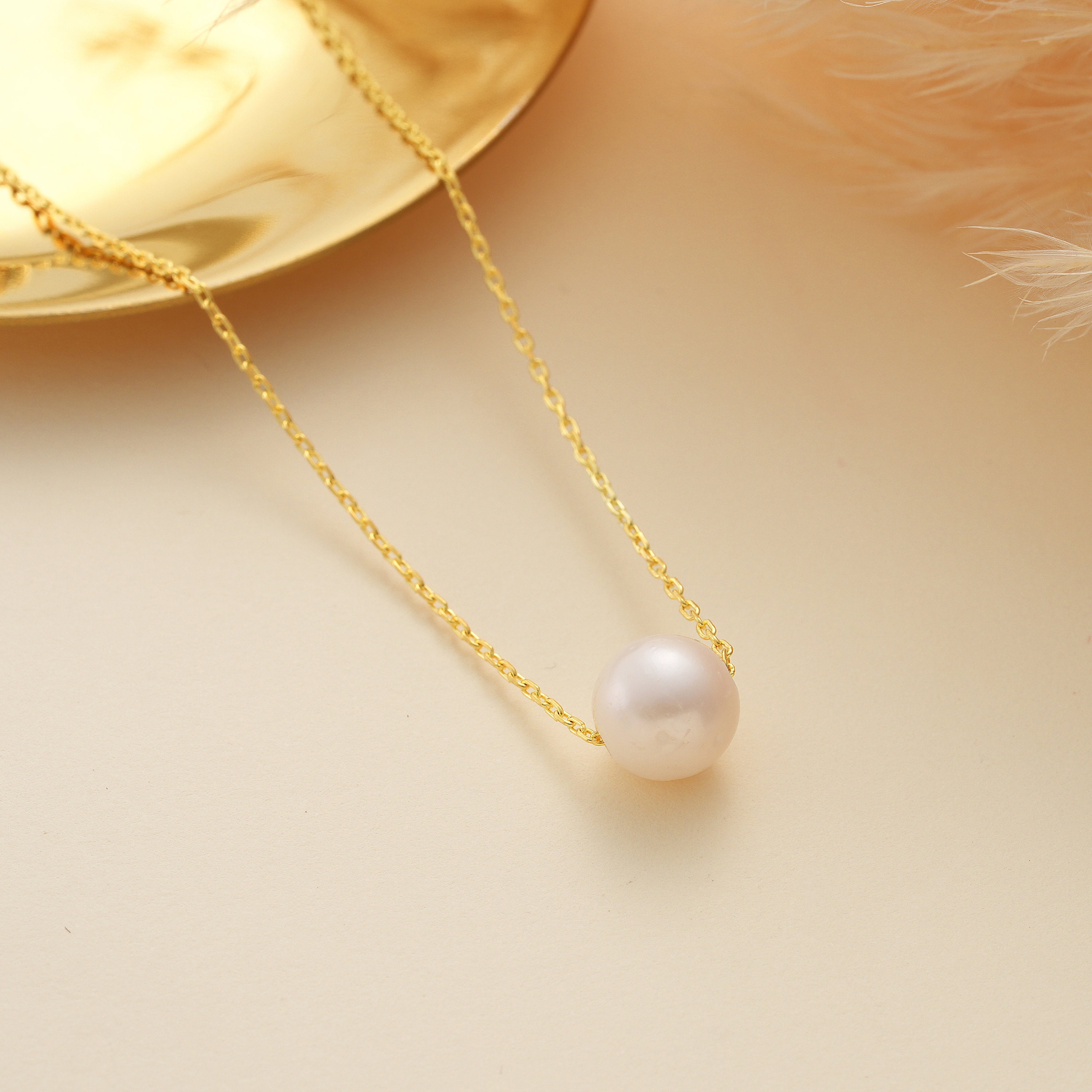 14K Gold Freshwater Pearl Necklace, Adjustable Chain