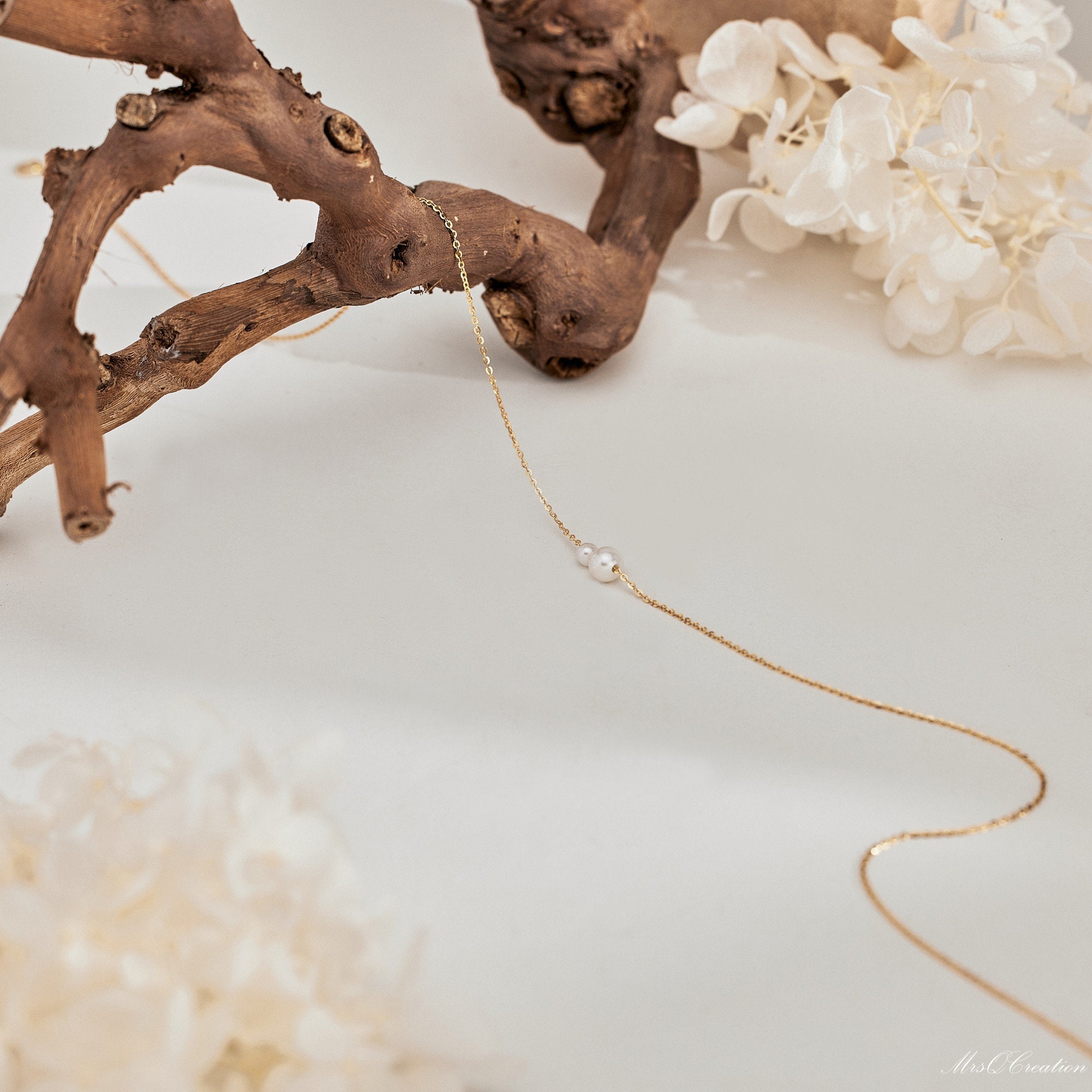 Minimalist Freshwater Pearl Necklace with Two Round Pearls
