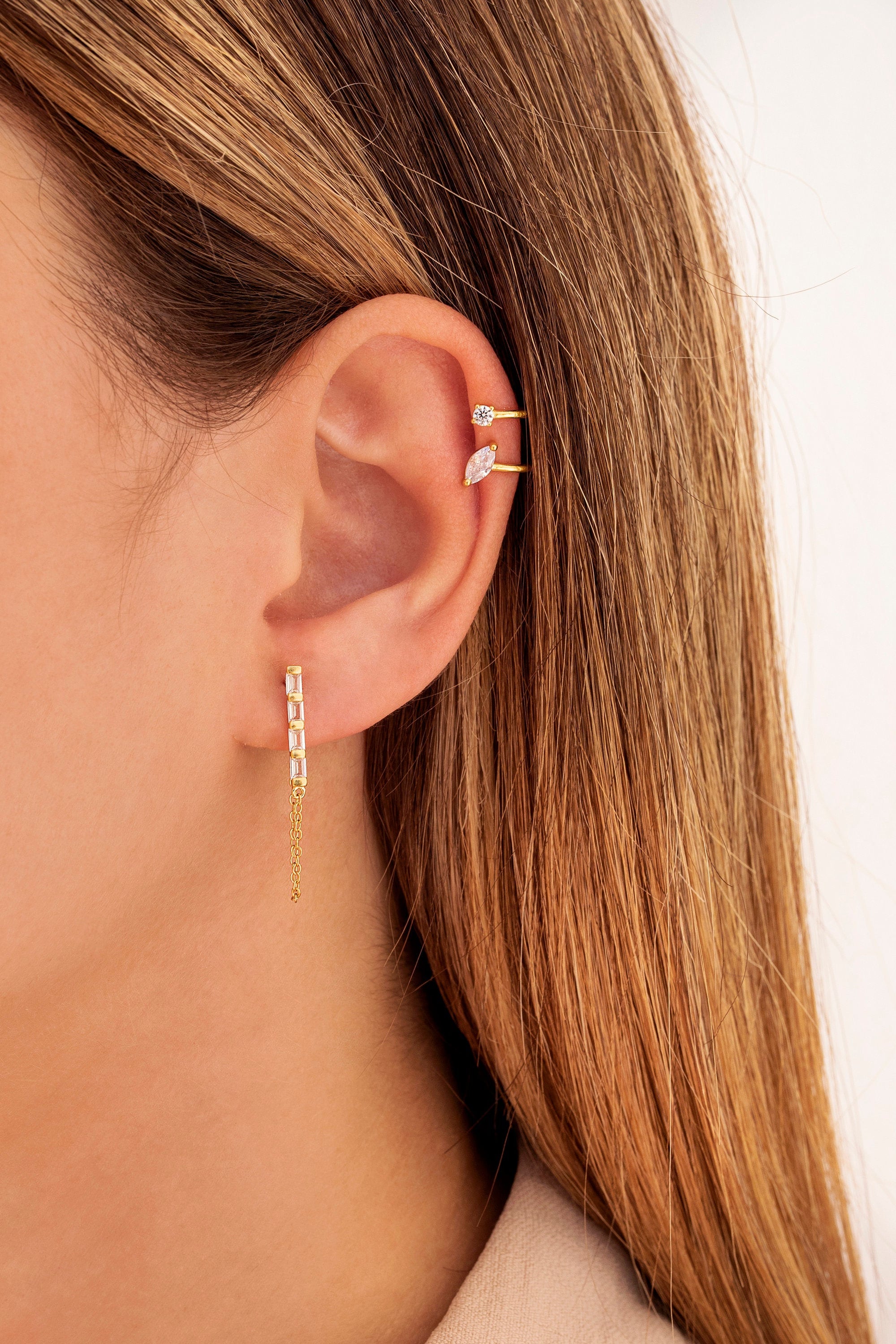 Dainty Marquise and Round CZ Double Band Ear Cuff Earrings
