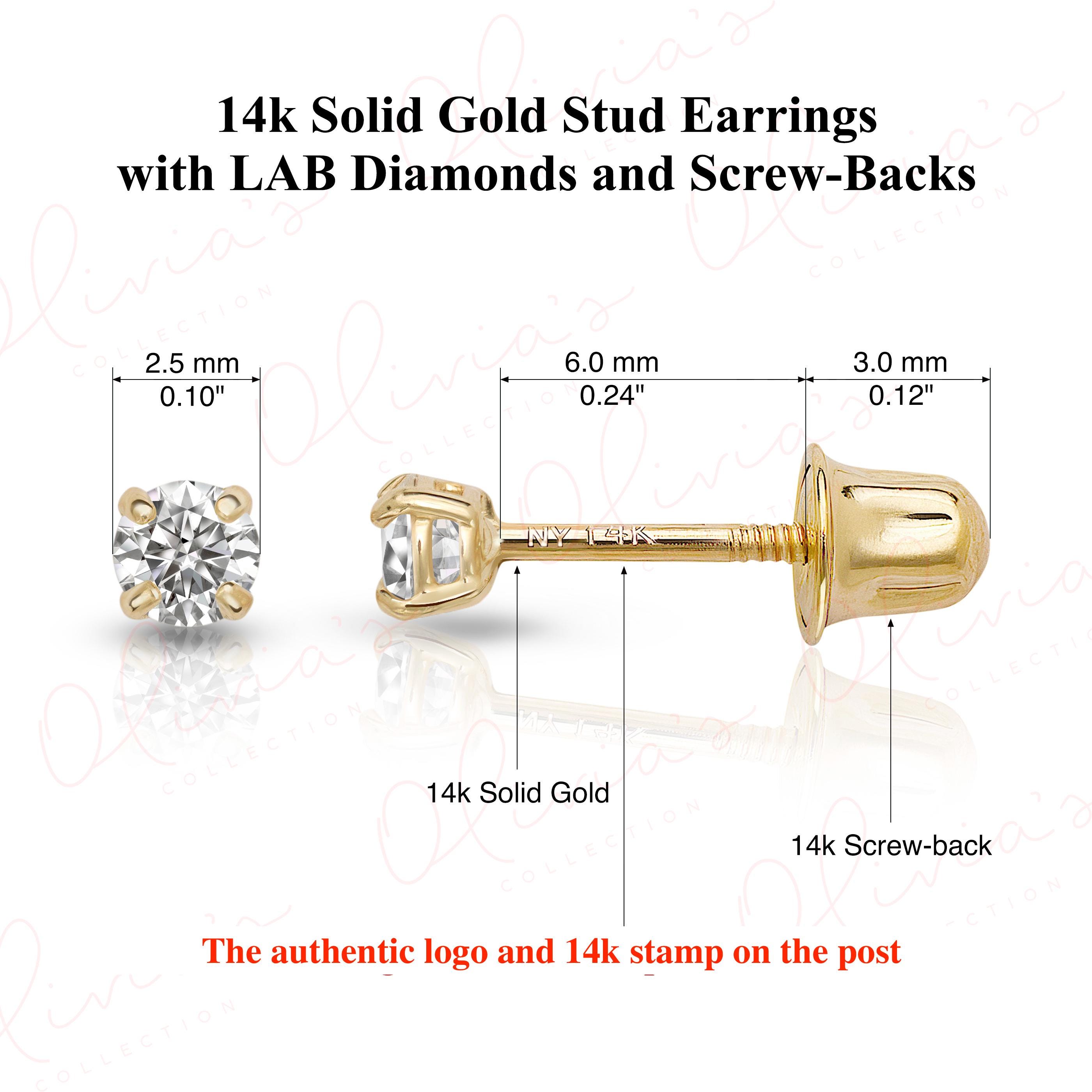 14K Solid Gold Lab-Grown Diamond Stud Earrings with Screw Backs, White or Yellow
