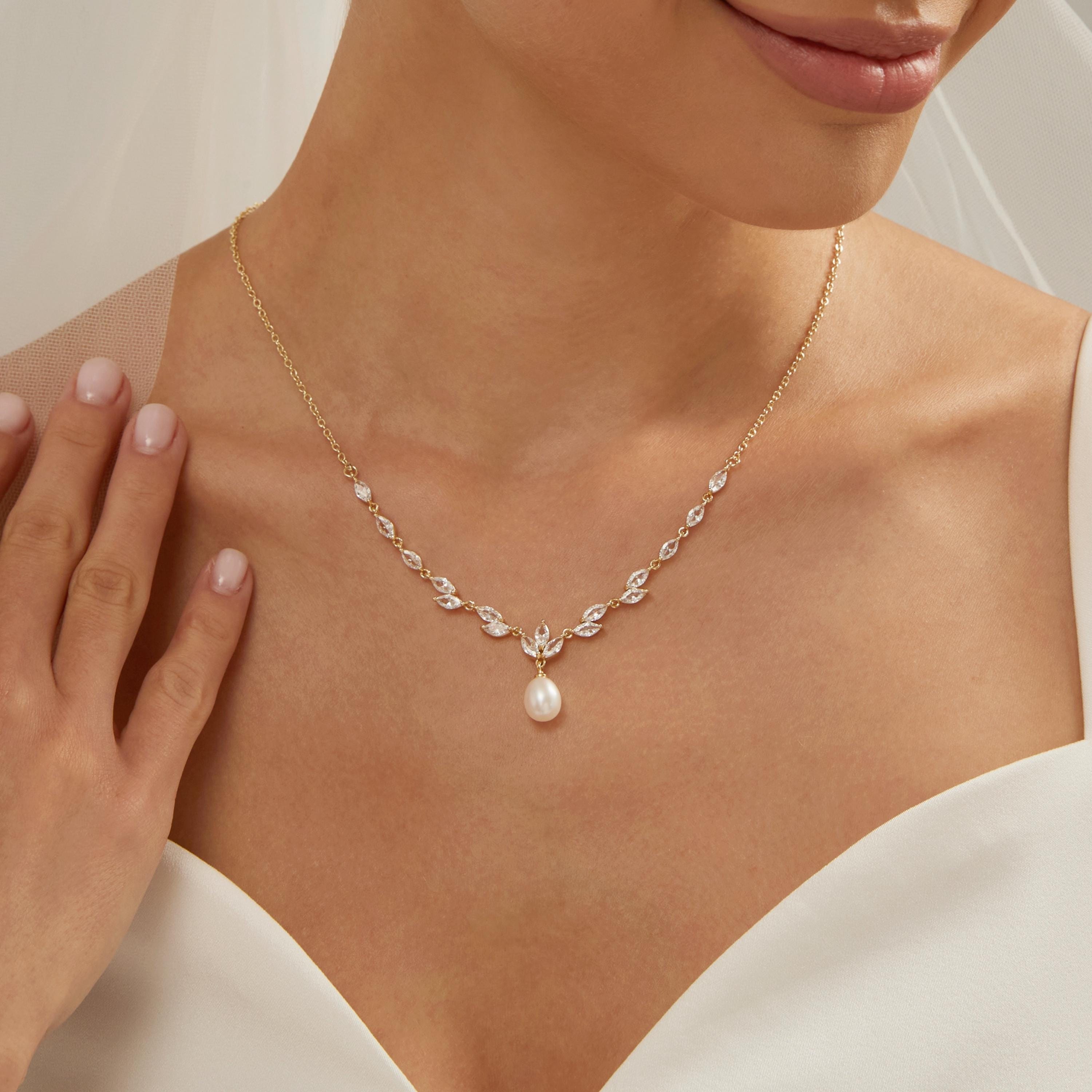 Gold Leaf and Freshwater Pearl Necklace with CZ Crystal Accent