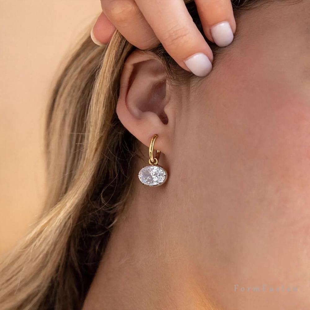 Floating Oval Cubic Zirconia Drop Huggie Earrings in Gold or Silver