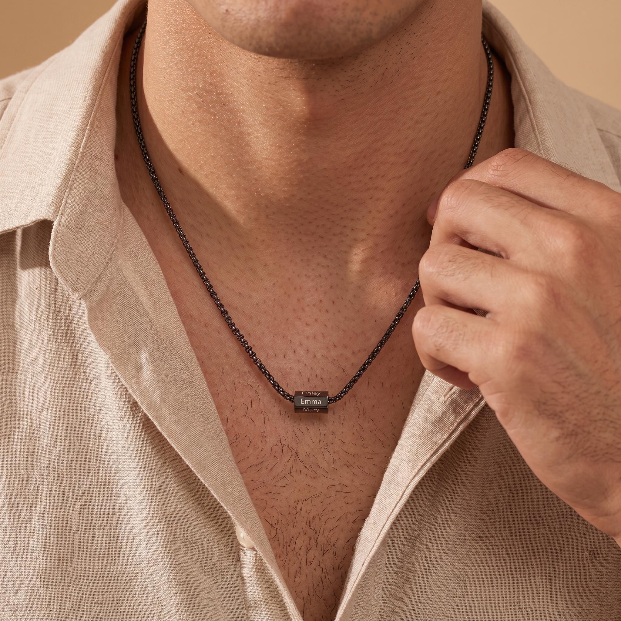 Custom Name Bar Necklace for Men with Copper Pendant and Engraved Names