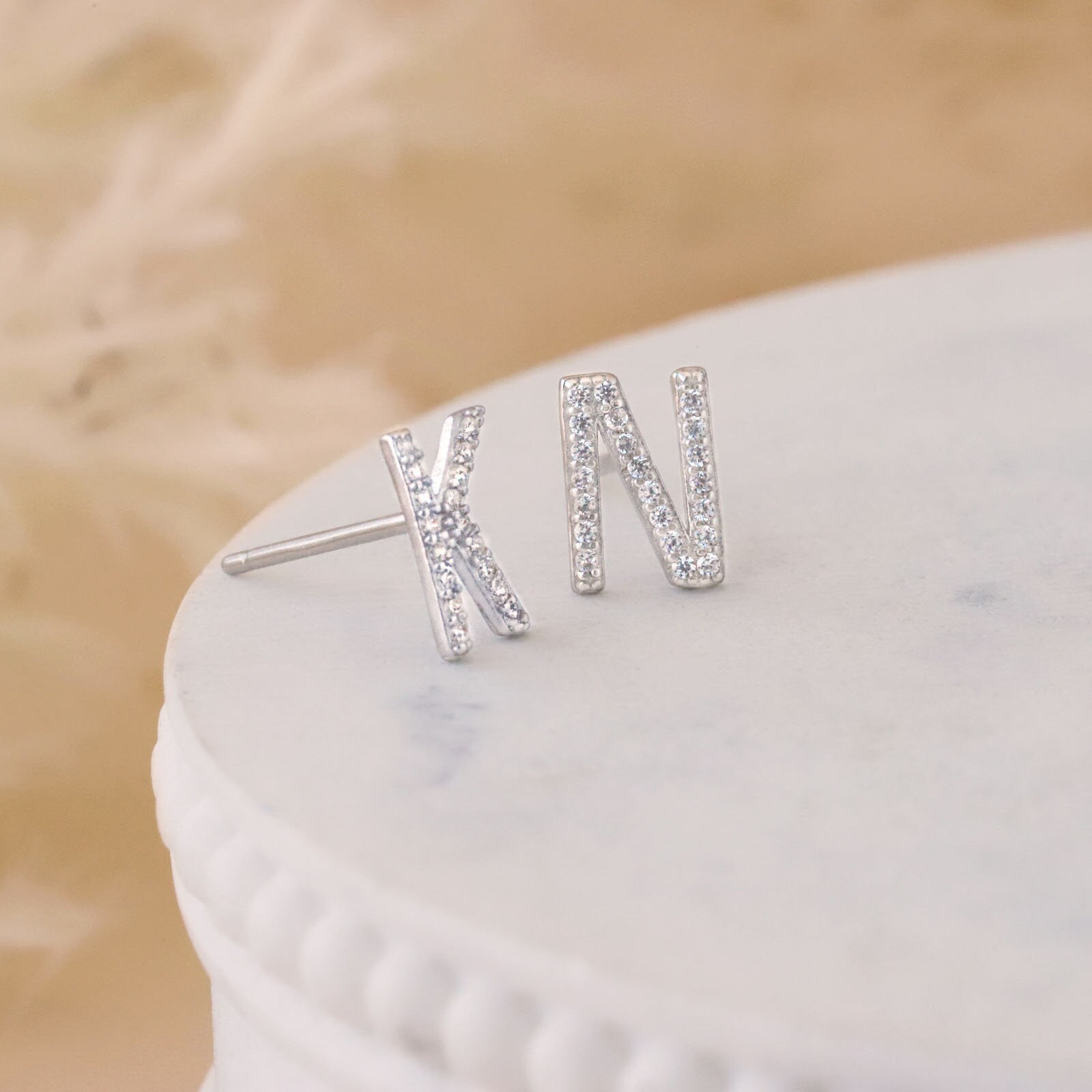 Sterling Silver Initial Stud Earrings with Crystal Accents