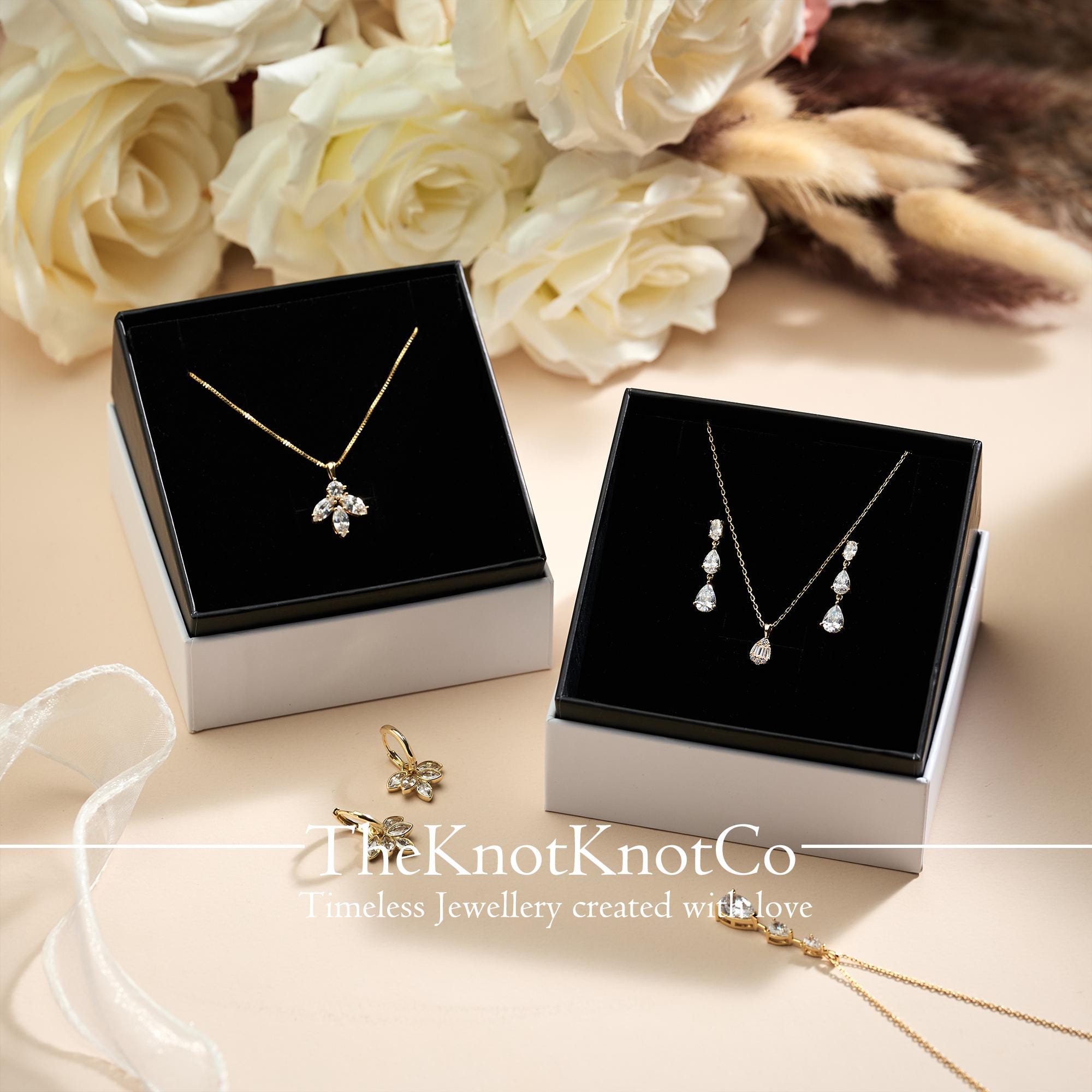 18K Gold Plated Teardrop Cubic Zirconia Necklace and Earring Set