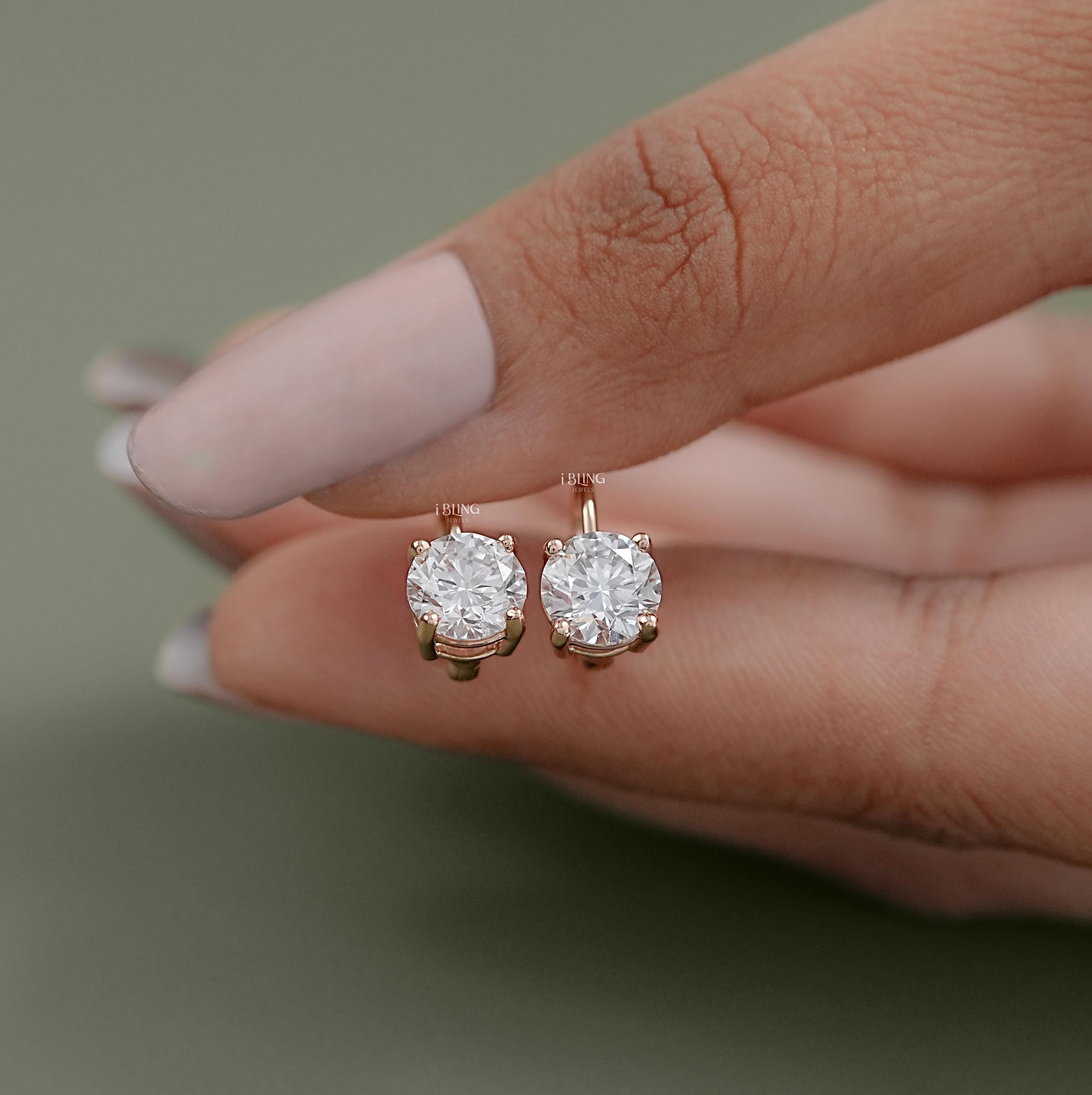 Round Cut Lab Diamond Drop Earrings in 14K Yellow Gold with Lever Backs