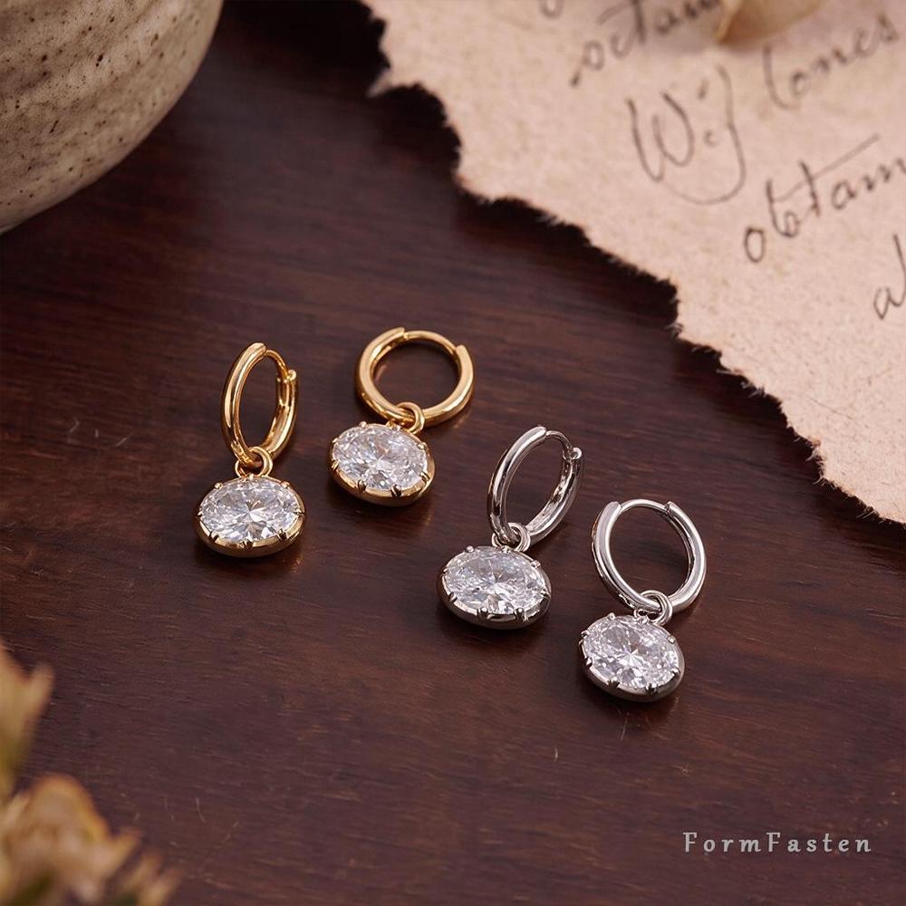 Floating Oval Cubic Zirconia Drop Huggie Earrings in Gold or Silver