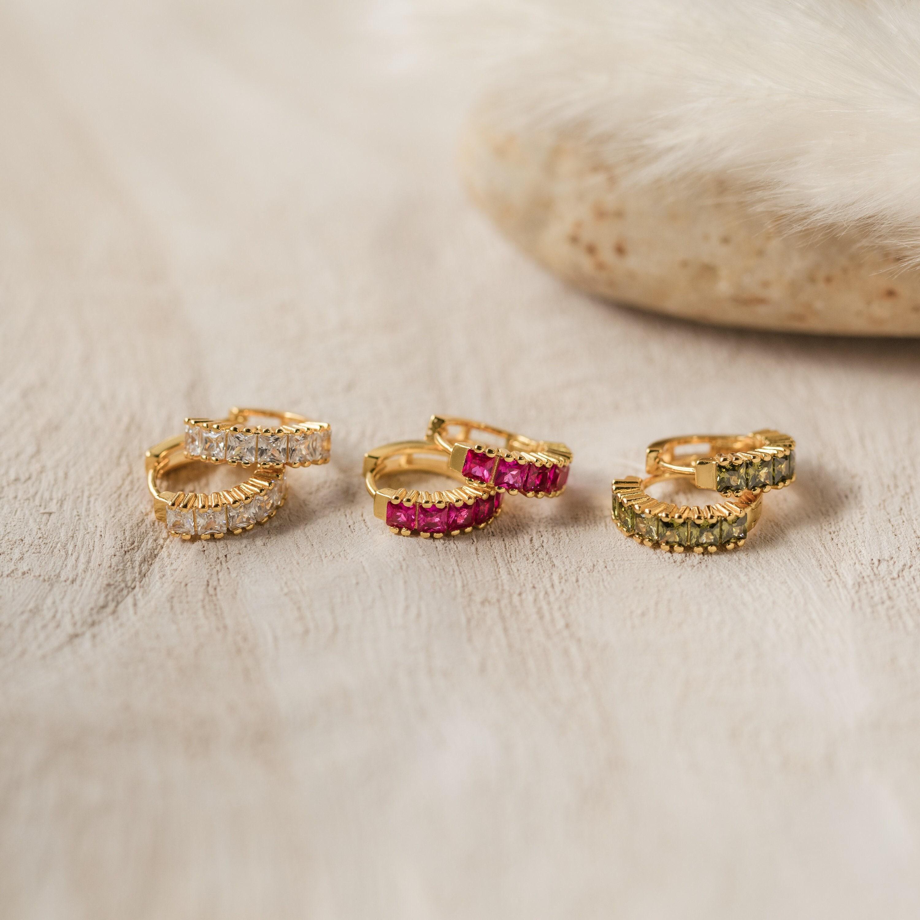 Birthstone Huggie Hoop Earrings in 18K Gold Finish and Sterling Silver