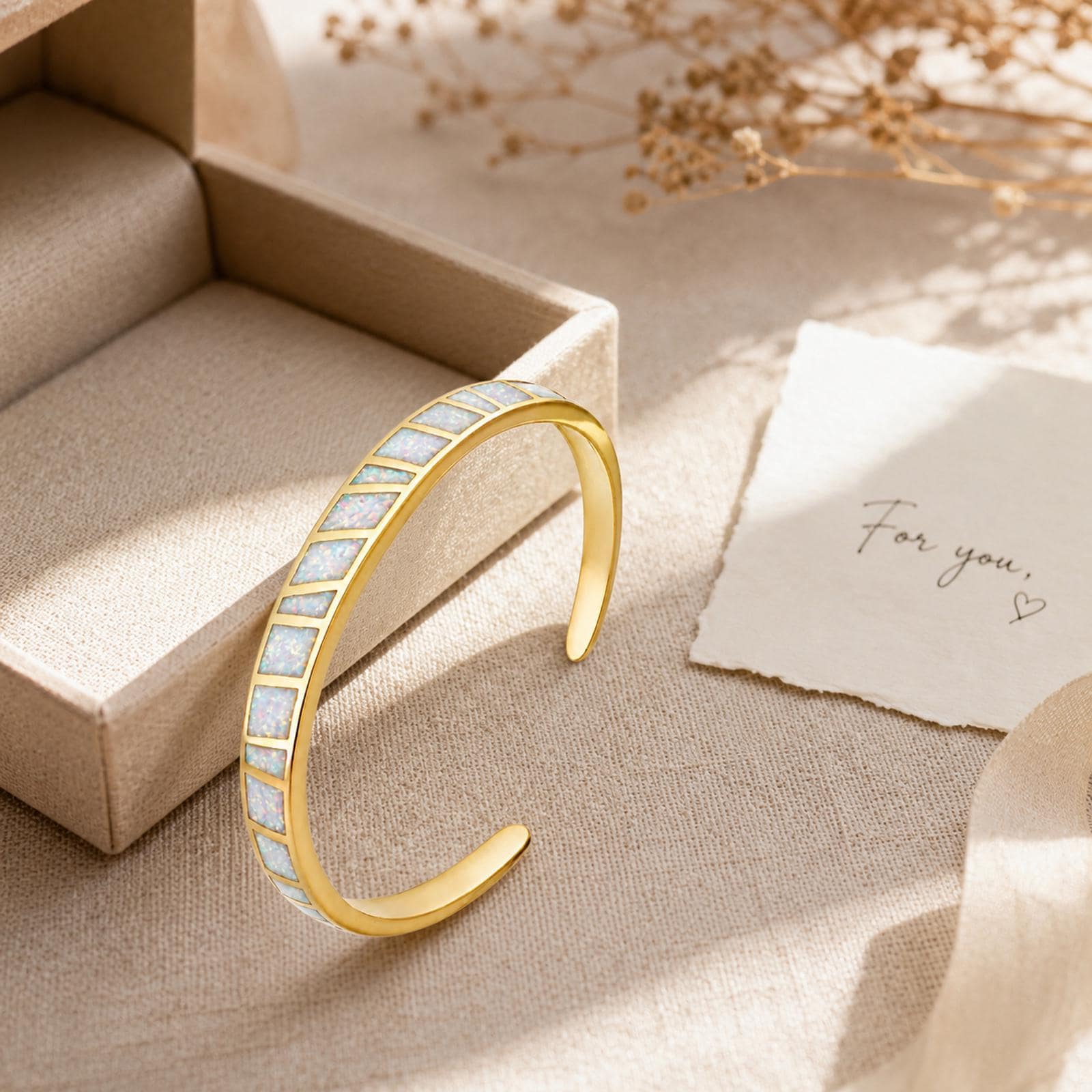 Opal Cuff Bracelet with Custom Engraving in Gold Plated Finish